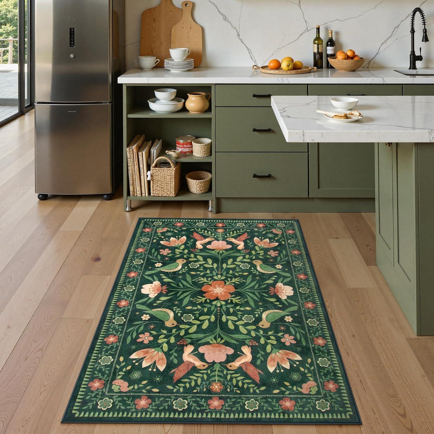 imageMoynesa Boho Birds Rug 8x10 Area Rug Green Machine Washable LowPile Soft Playroom Rug Living Room CarpetGreen