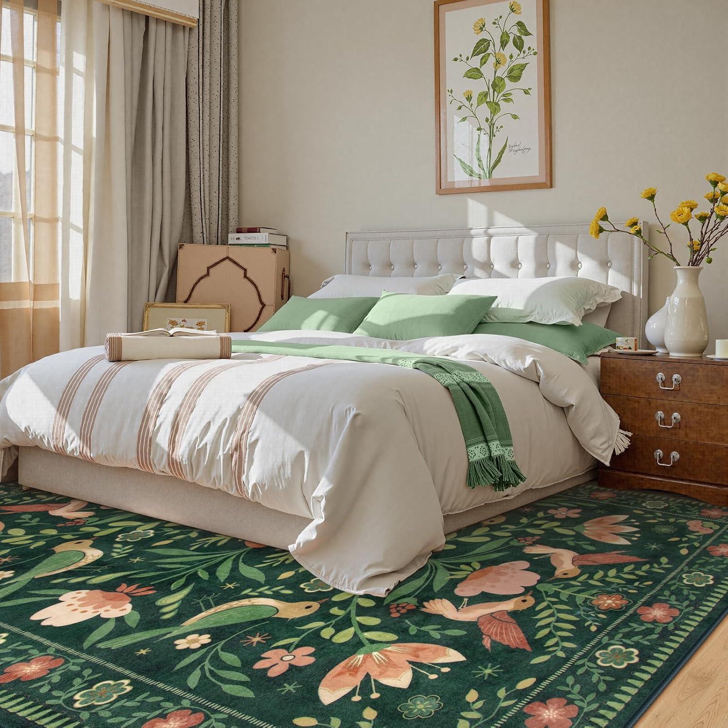 imageMoynesa Boho Birds Rug 8x10 Area Rug Green Machine Washable LowPile Soft Playroom Rug Living Room CarpetGreen