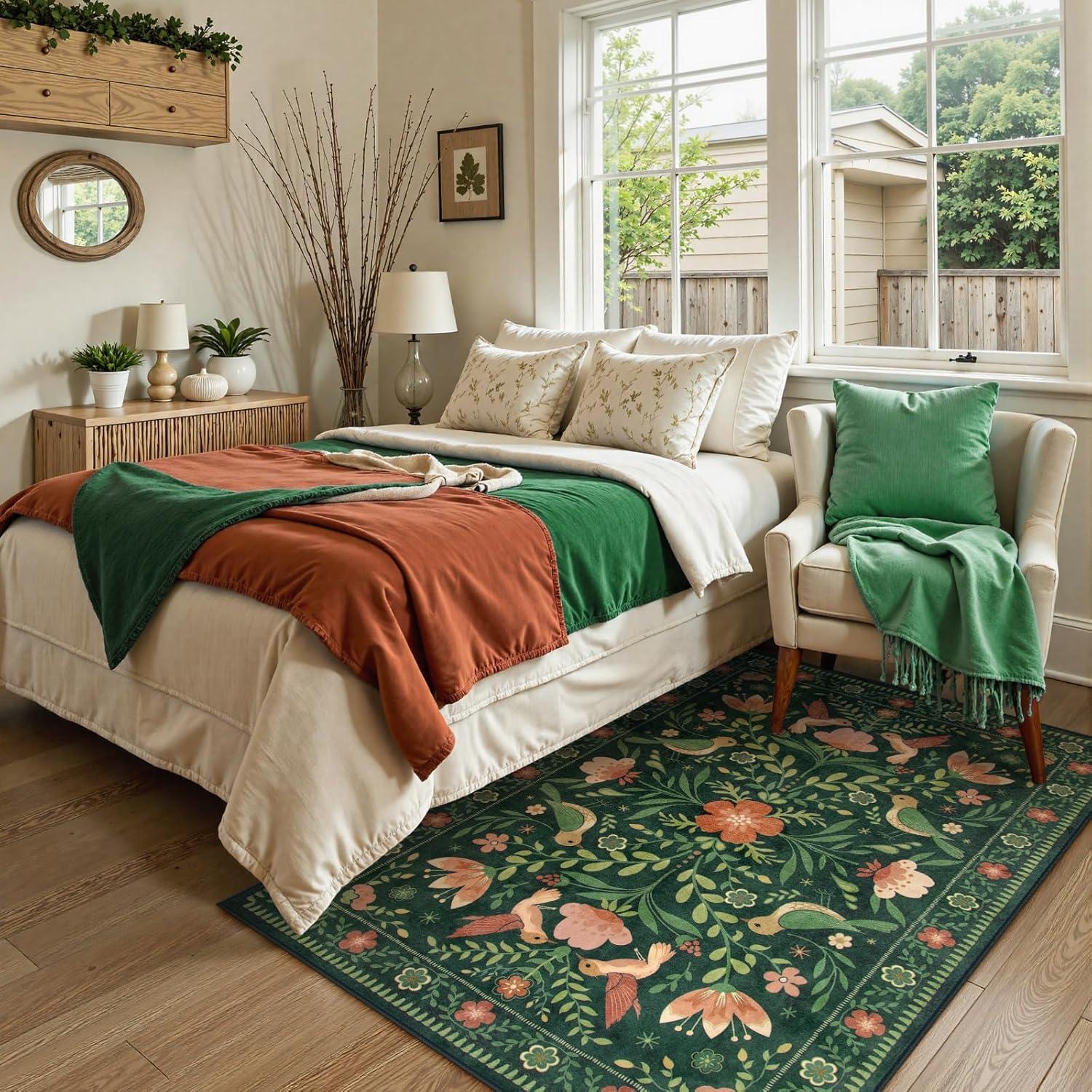 imageMoynesa Boho Birds Rug 8x10 Area Rug Green Machine Washable LowPile Soft Playroom Rug Living Room CarpetGreen