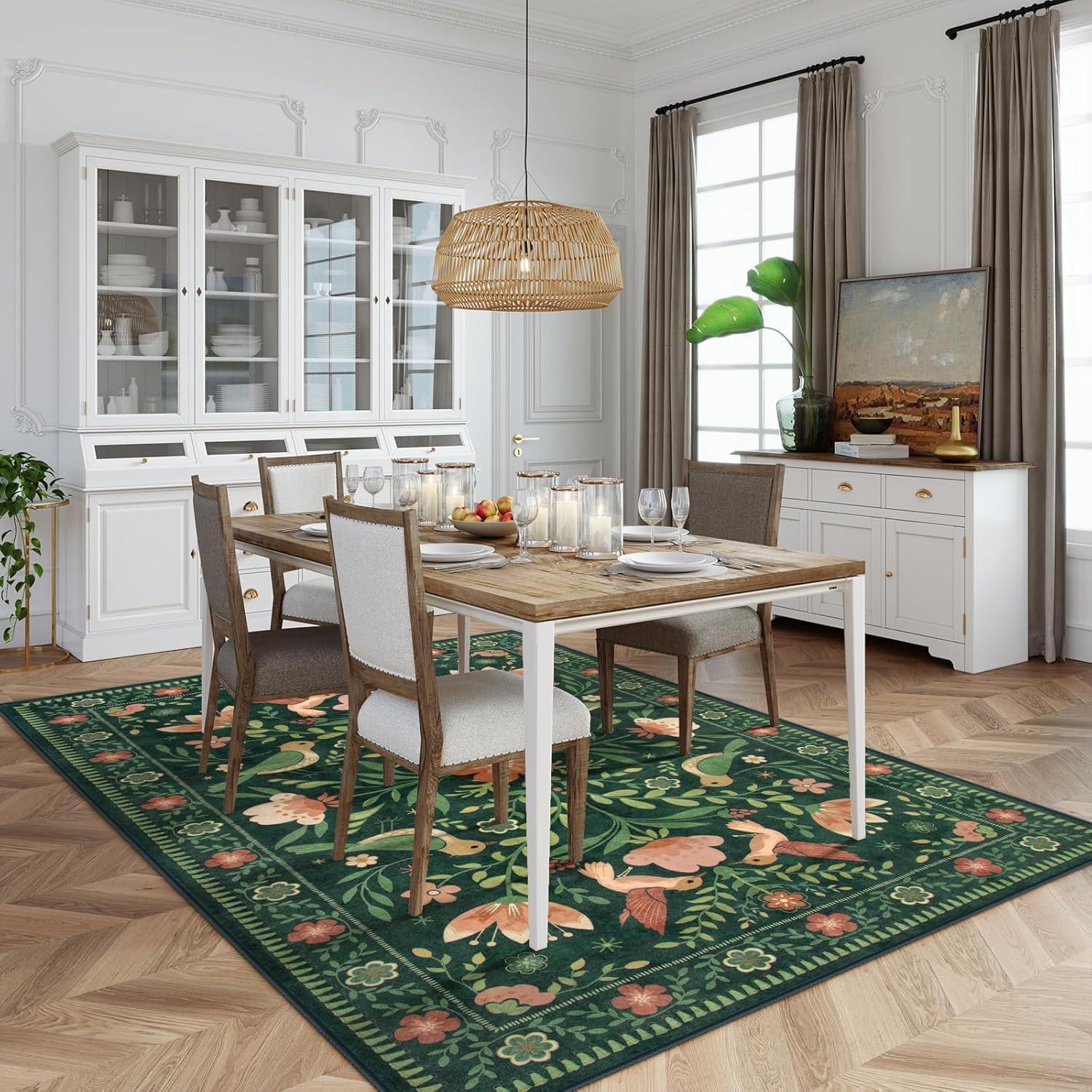 imageMoynesa Boho Birds Rug 8x10 Area Rug Green Machine Washable LowPile Soft Playroom Rug Living Room CarpetGreen