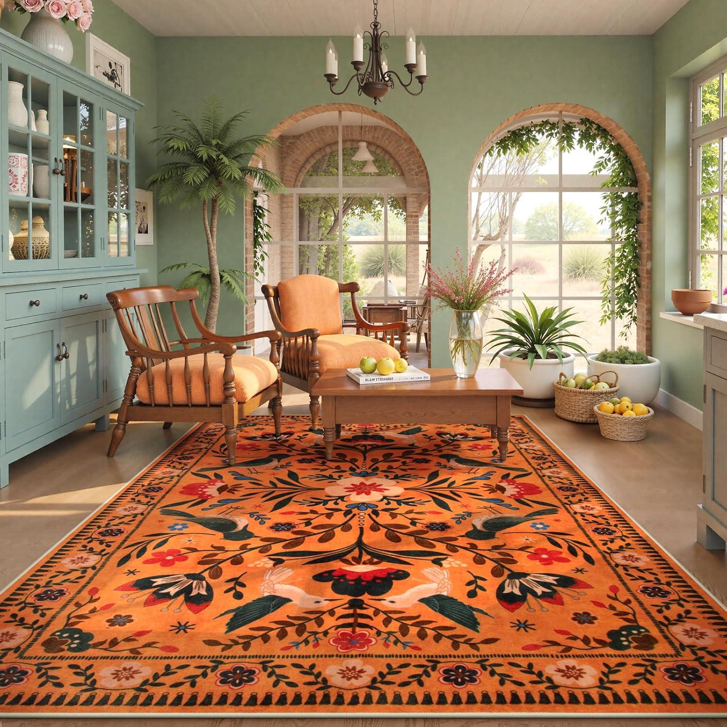 imageMoynesa Boho Birds Rug 8x10 Area Rug Green Machine Washable LowPile Soft Playroom Rug Living Room CarpetOrange