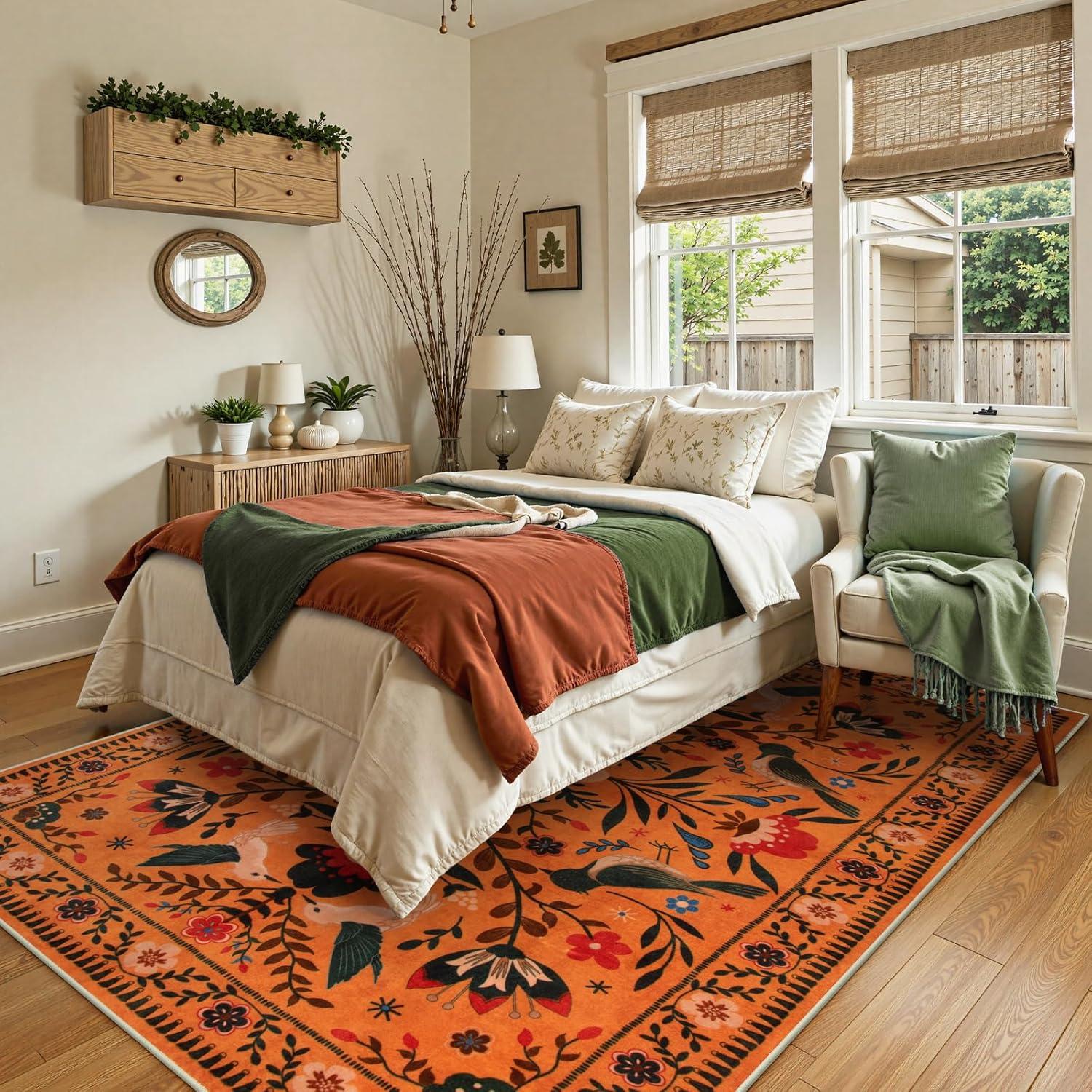 imageMoynesa Boho Birds Rug 8x10 Area Rug Green Machine Washable LowPile Soft Playroom Rug Living Room CarpetOrange