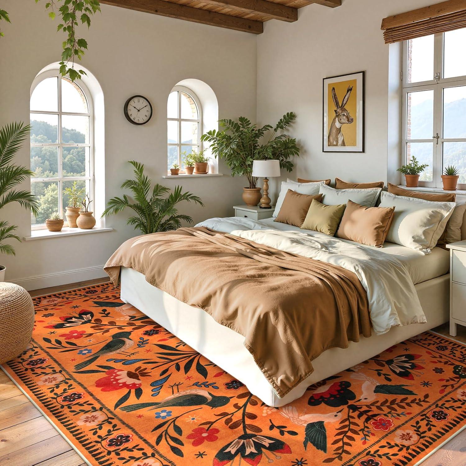 imageMoynesa Boho Birds Rug 8x10 Area Rug Green Machine Washable LowPile Soft Playroom Rug Living Room CarpetOrange