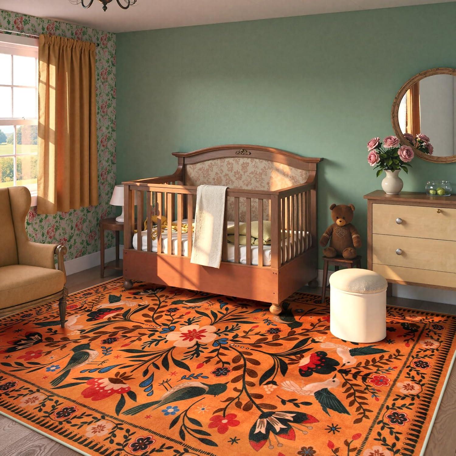 imageMoynesa Boho Birds Rug 8x10 Area Rug Green Machine Washable LowPile Soft Playroom Rug Living Room CarpetOrange