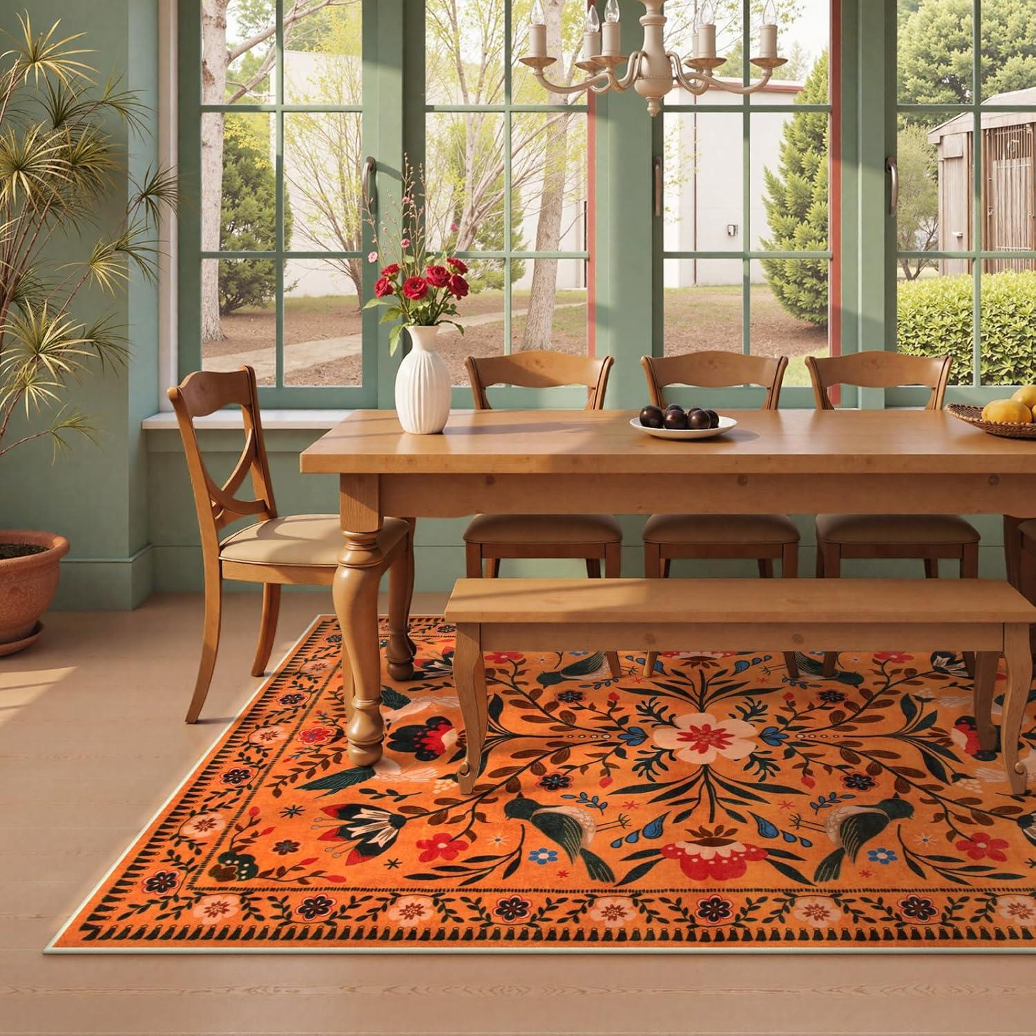 imageMoynesa Boho Birds Rug 8x10 Area Rug Green Machine Washable LowPile Soft Playroom Rug Living Room CarpetOrange