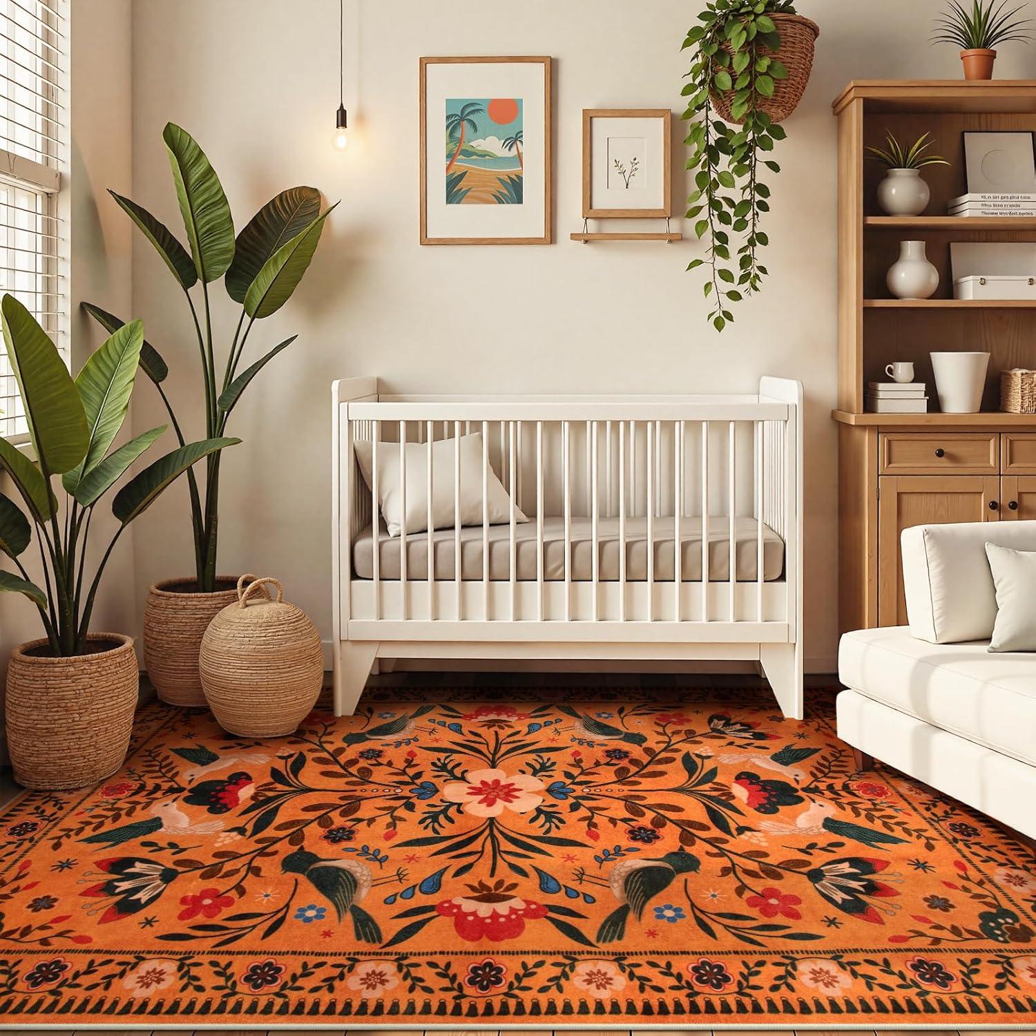 imageMoynesa Boho Birds Rug 8x10 Area Rug Green Machine Washable LowPile Soft Playroom Rug Living Room CarpetOrange