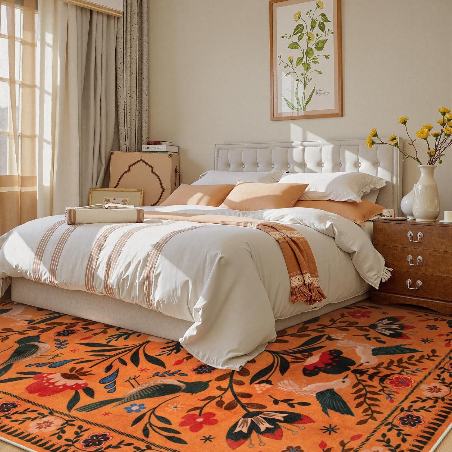 imageMoynesa Boho Birds Rug 8x10 Area Rug Green Machine Washable LowPile Soft Playroom Rug Living Room CarpetOrange