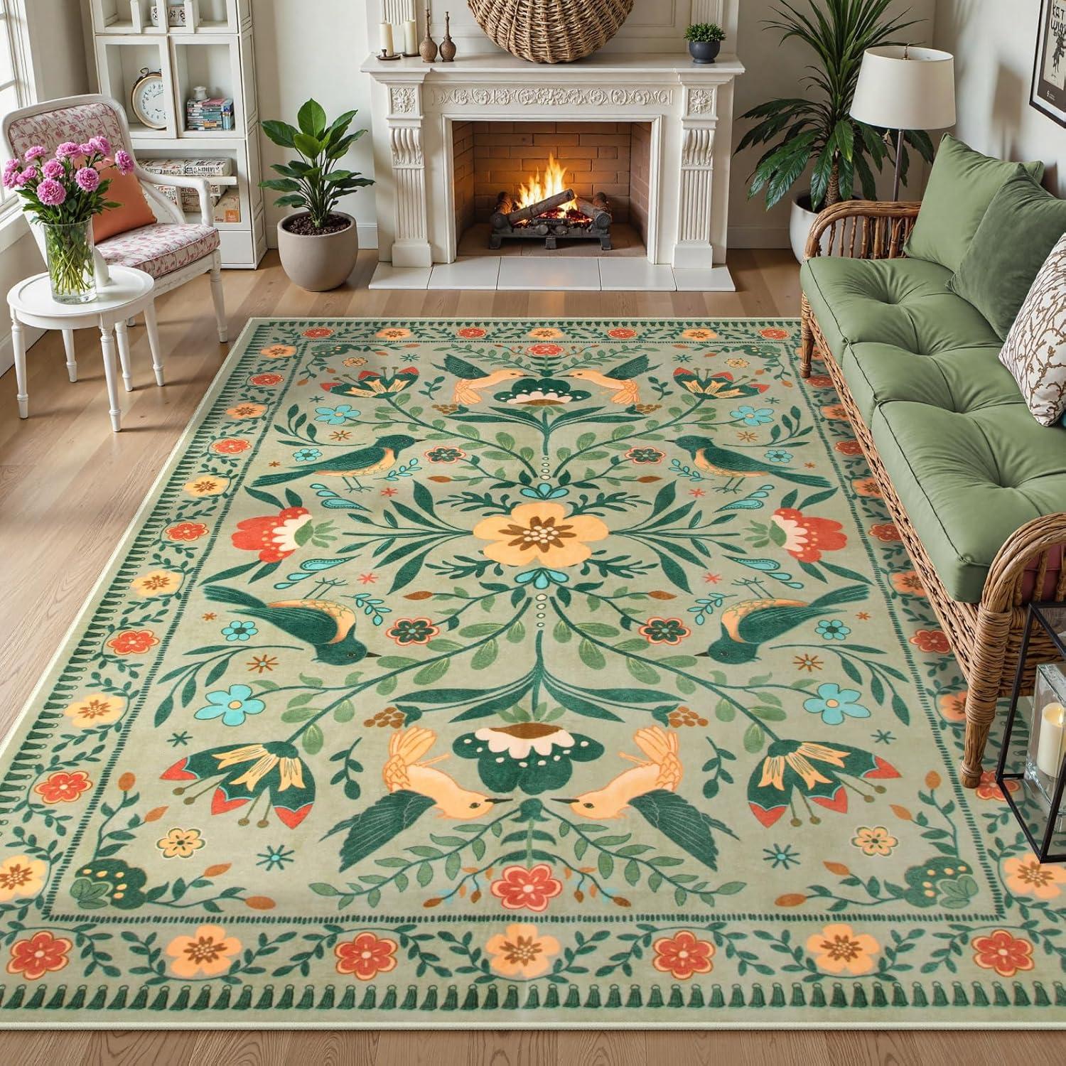 imageMoynesa Boho Birds Rug 8x10 Area Rug Green Machine Washable LowPile Soft Playroom Rug Living Room CarpetSage Green