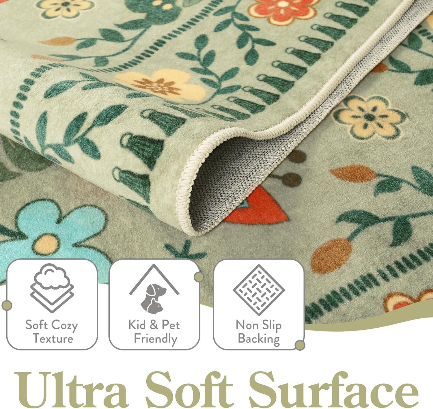 imageMoynesa Boho Birds Rug 8x10 Area Rug Green Machine Washable LowPile Soft Playroom Rug Living Room CarpetSage Green