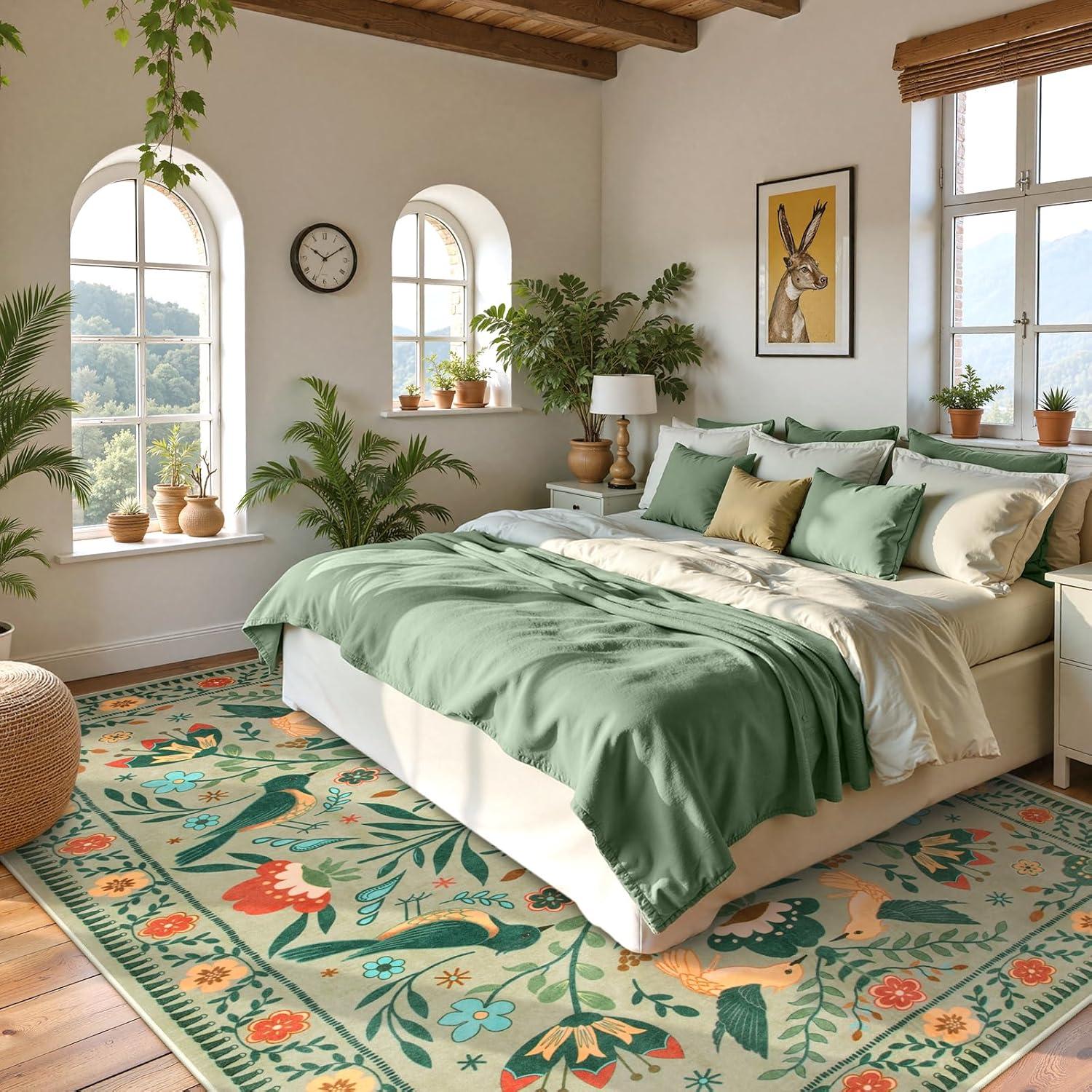 imageMoynesa Boho Birds Rug 8x10 Area Rug Green Machine Washable LowPile Soft Playroom Rug Living Room CarpetSage Green