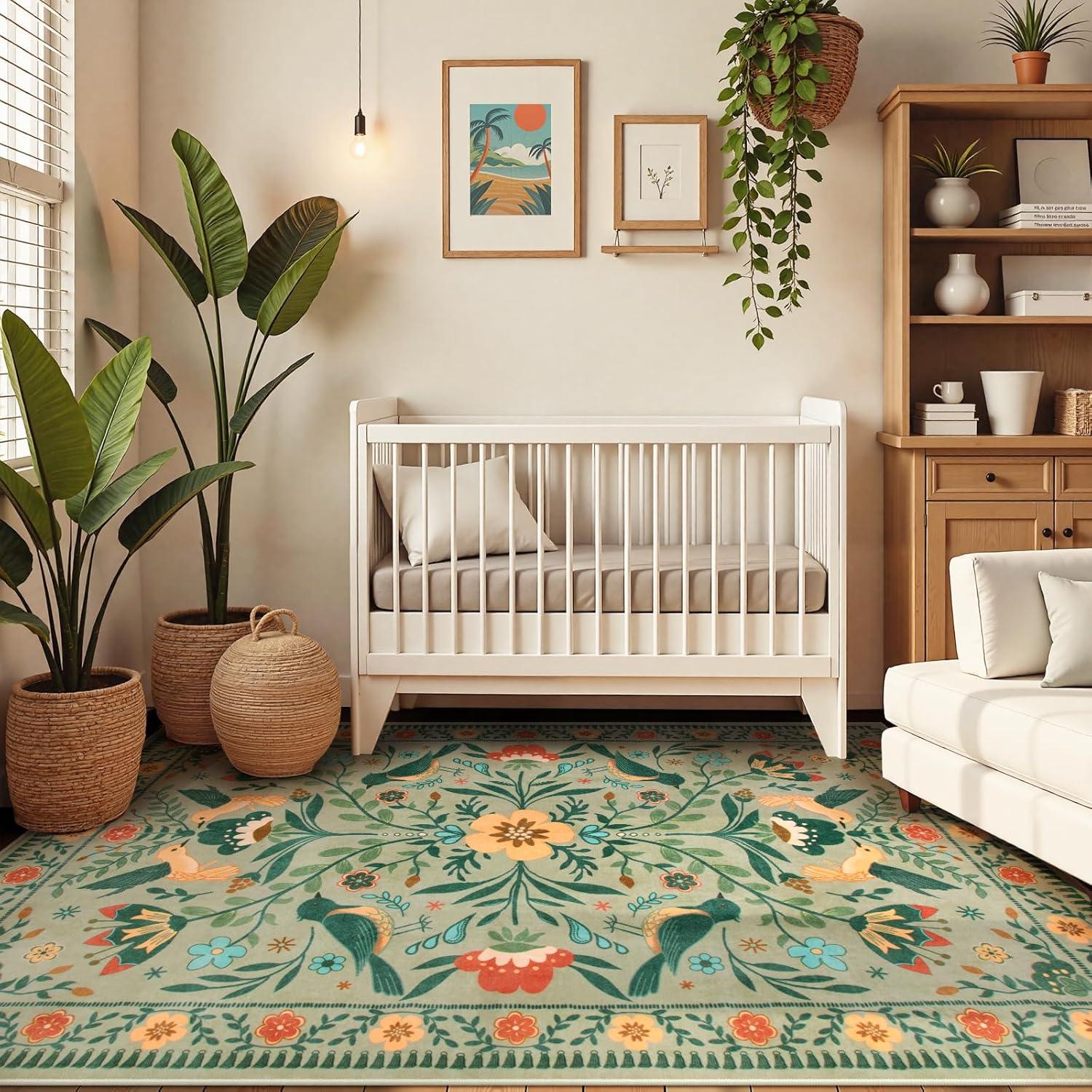 imageMoynesa Boho Birds Rug 8x10 Area Rug Green Machine Washable LowPile Soft Playroom Rug Living Room CarpetSage Green