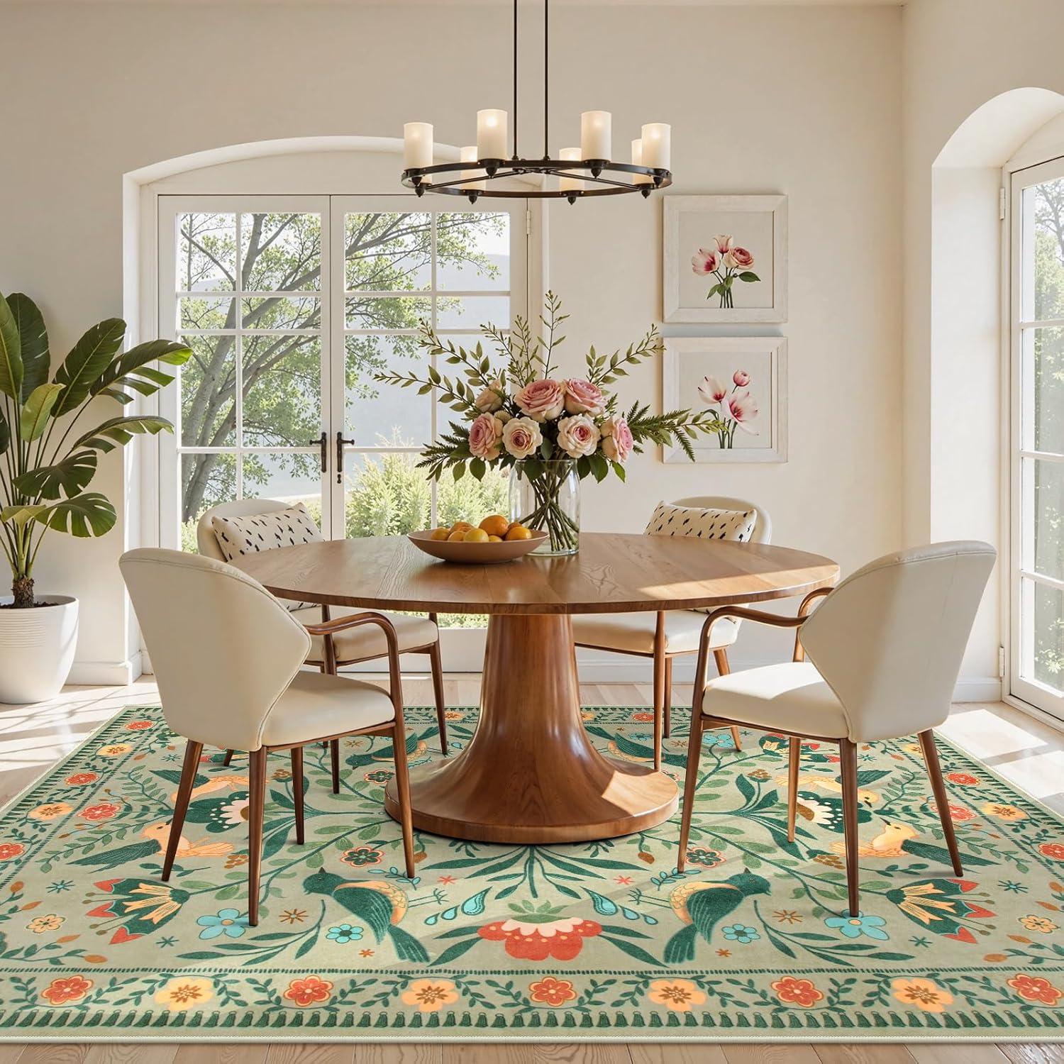 imageMoynesa Boho Birds Rug 8x10 Area Rug Green Machine Washable LowPile Soft Playroom Rug Living Room CarpetSage Green