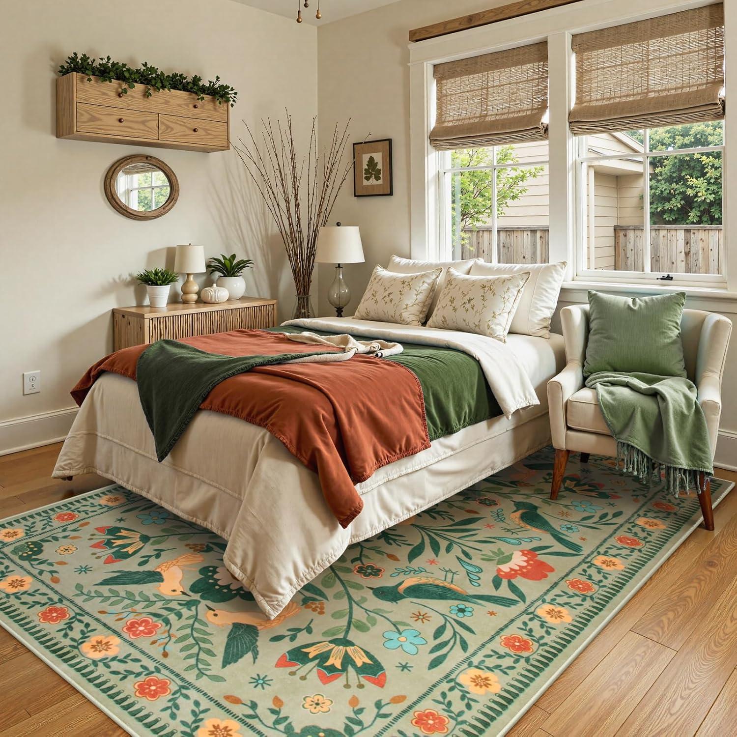 imageMoynesa Boho Birds Rug 8x10 Area Rug Green Machine Washable LowPile Soft Playroom Rug Living Room CarpetSage Green