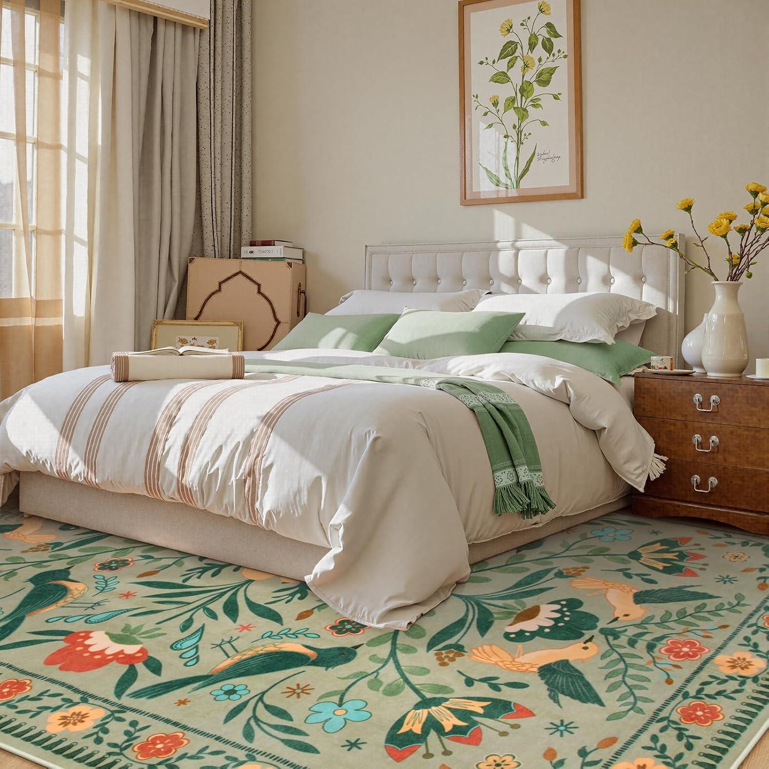 imageMoynesa Boho Birds Rug 8x10 Area Rug Green Machine Washable LowPile Soft Playroom Rug Living Room CarpetSage Green