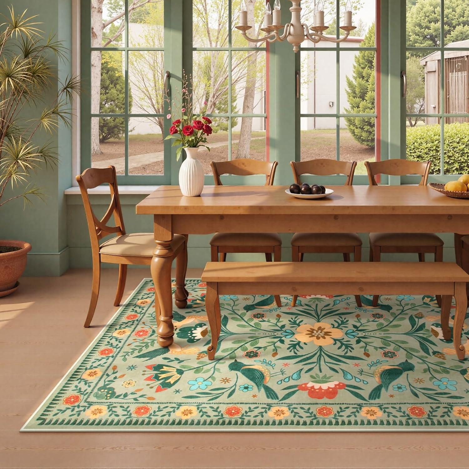 imageMoynesa Boho Birds Rug 8x10 Area Rug Green Machine Washable LowPile Soft Playroom Rug Living Room CarpetSage Green