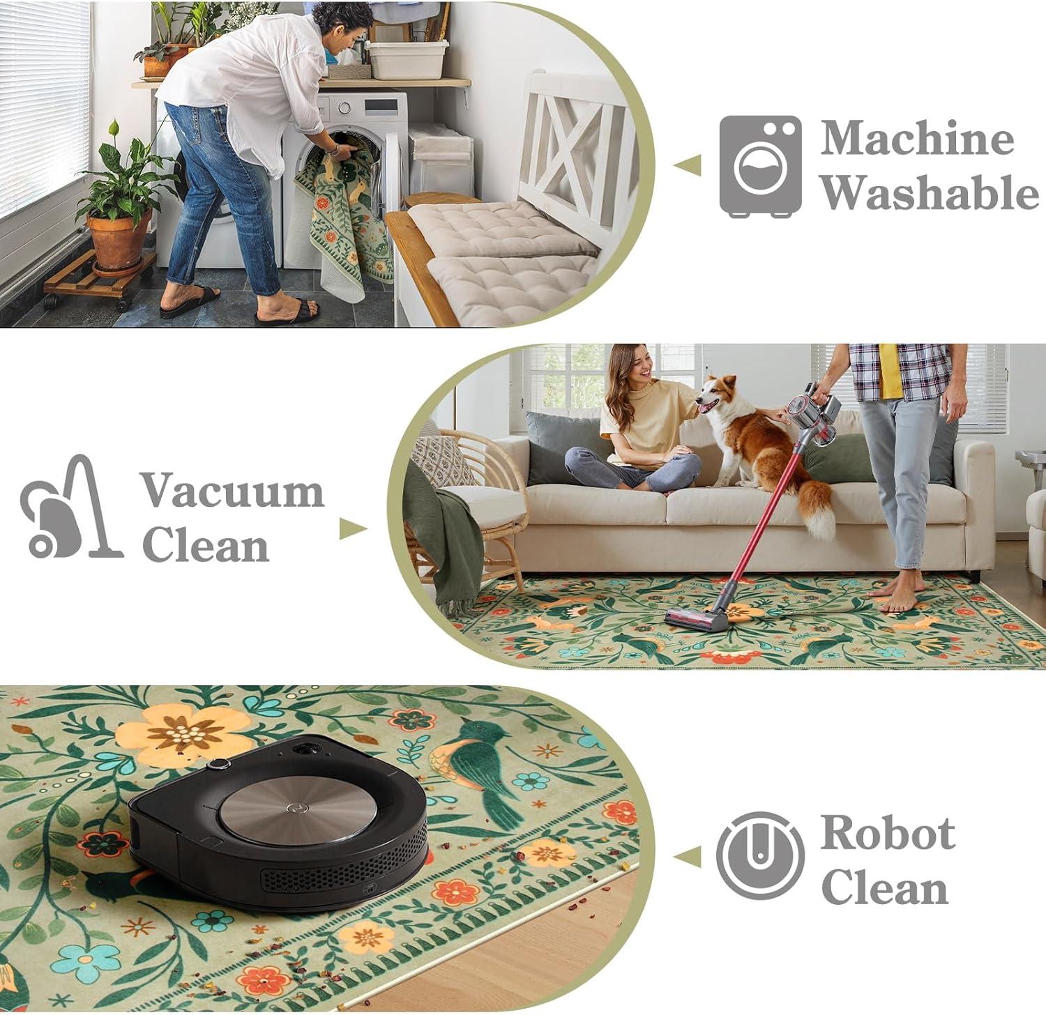 imageMoynesa Boho Birds Rug 8x10 Area Rug Green Machine Washable LowPile Soft Playroom Rug Living Room CarpetSage Green