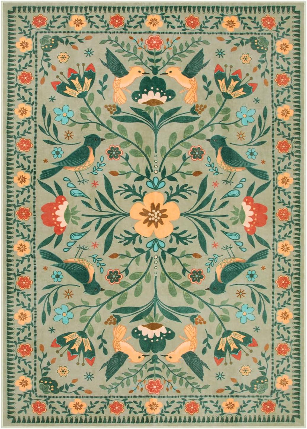 imageMoynesa Boho Birds Rug 8x10 Area Rug Green Machine Washable LowPile Soft Playroom Rug Living Room CarpetSage Green