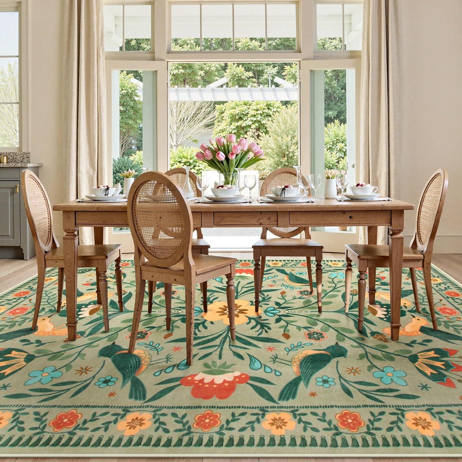 imageMoynesa Boho Birds Rug 8x10 Area Rug Green Machine Washable LowPile Soft Playroom Rug Living Room CarpetSage Green