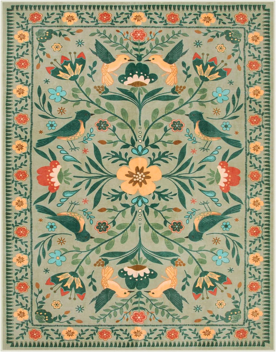 imageMoynesa Boho Birds Rug 8x10 Area Rug Green Machine Washable LowPile Soft Playroom Rug Living Room CarpetSage Green