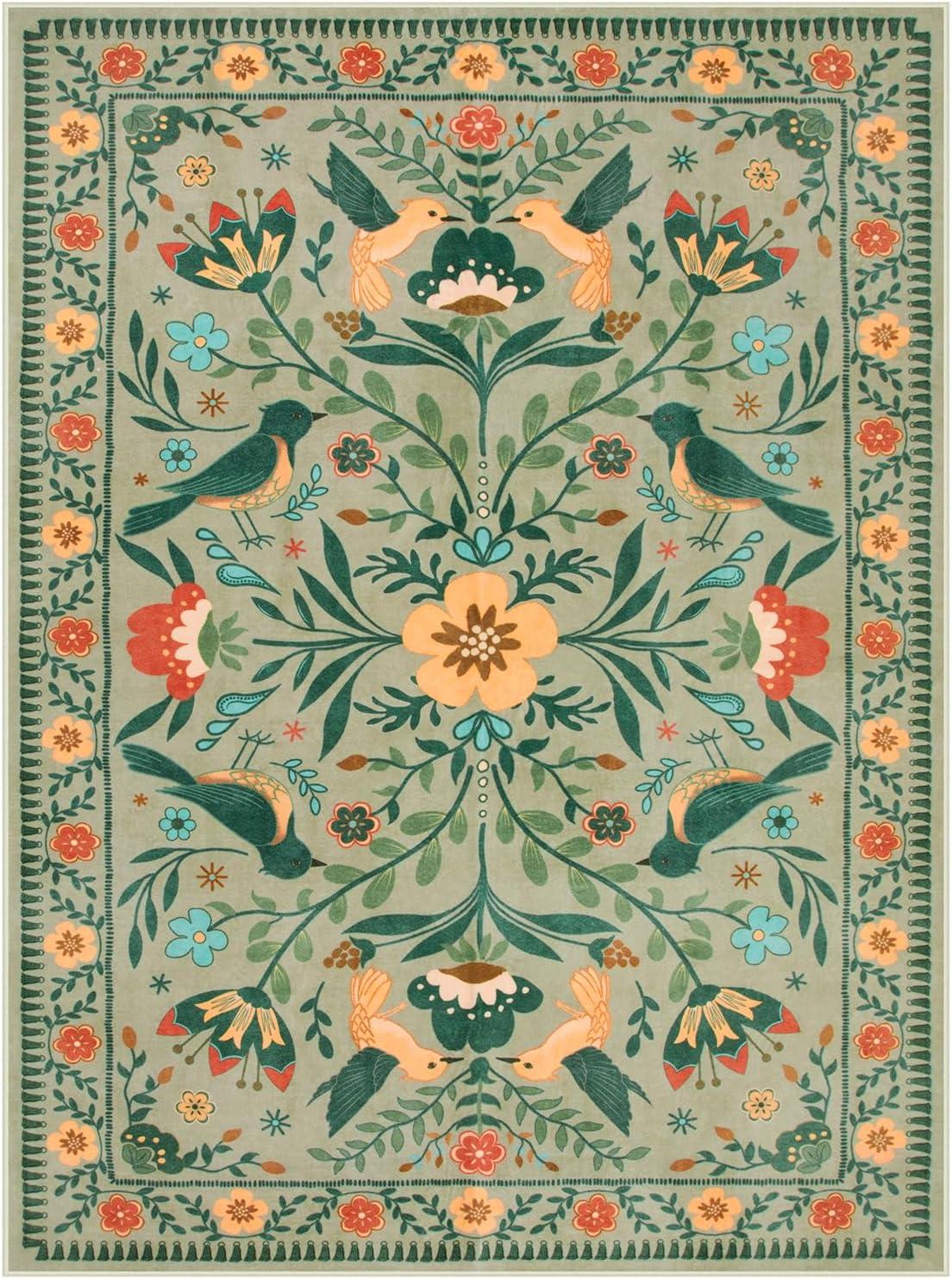 imageMoynesa Boho Birds Rug 8x10 Area Rug Green Machine Washable LowPile Soft Playroom Rug Living Room CarpetSage Green