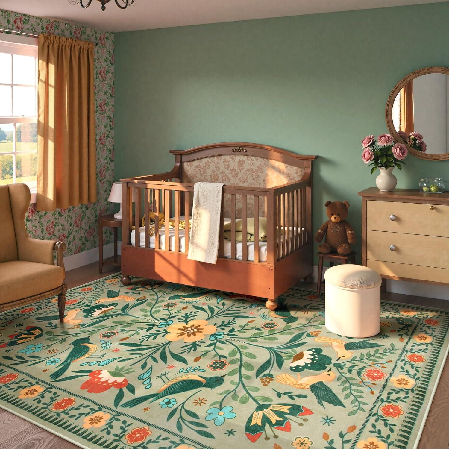 imageMoynesa Boho Birds Rug 8x10 Area Rug Green Machine Washable LowPile Soft Playroom Rug Living Room CarpetSage Green