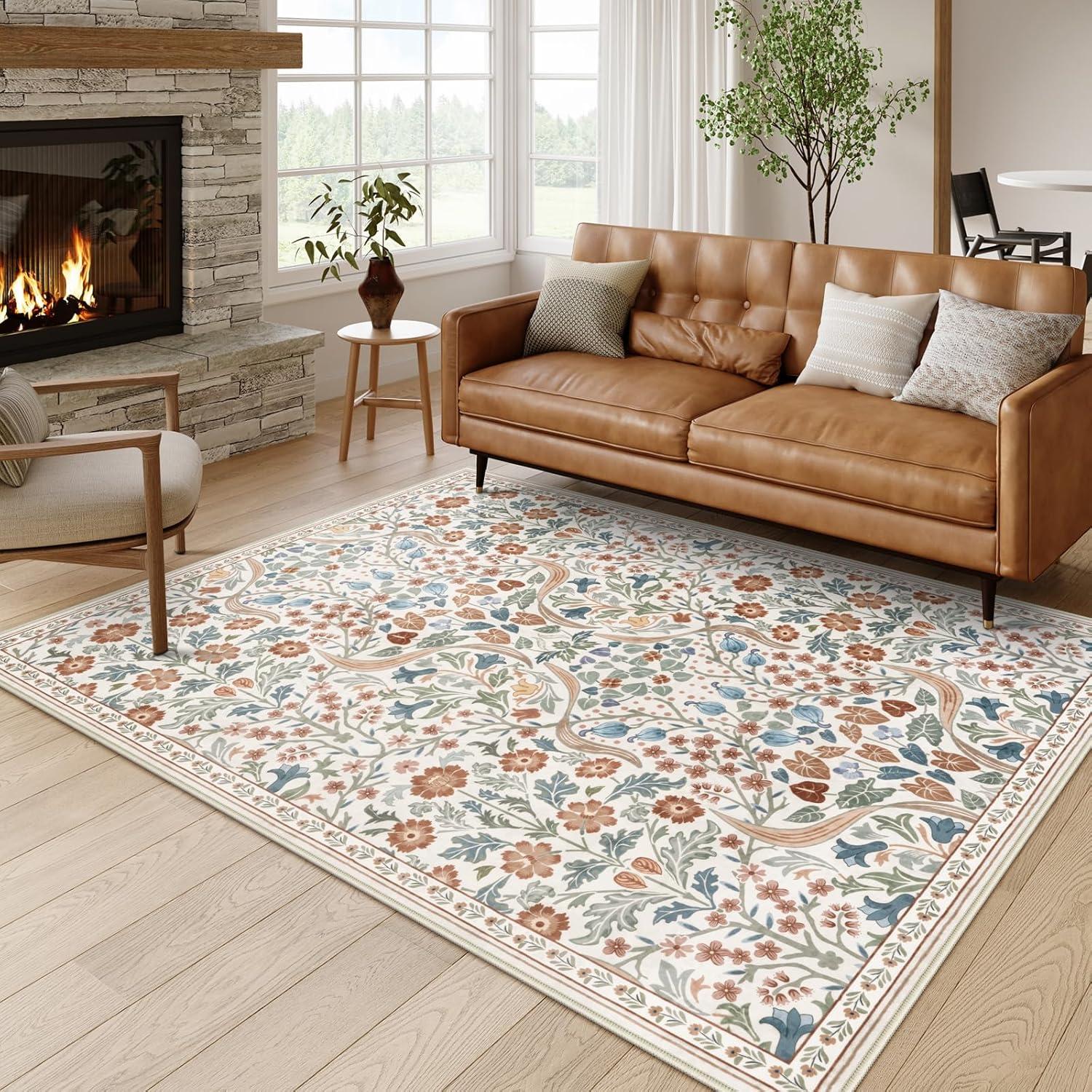 imageMoynesa Floral Washable 8x10 Rug Large Rugs for Living Room Green Soft 8 x 10 Boho Bedroom Rugs Non Slip Botanical Ultra Thin Floor Carpet for Dining Room Nursery GreenBeige