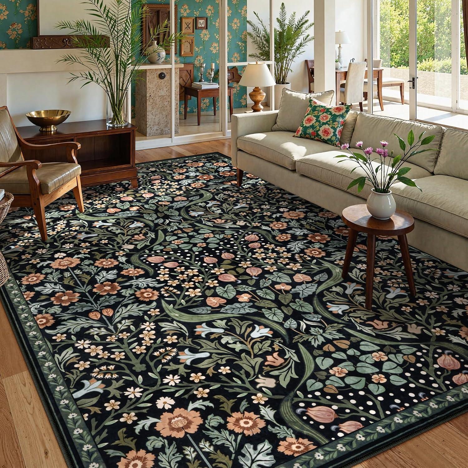 imageMoynesa Floral Washable 8x10 Rug Large Rugs for Living Room Green Soft 8 x 10 Boho Bedroom Rugs Non Slip Botanical Ultra Thin Floor Carpet for Dining Room Nursery GreenBlack