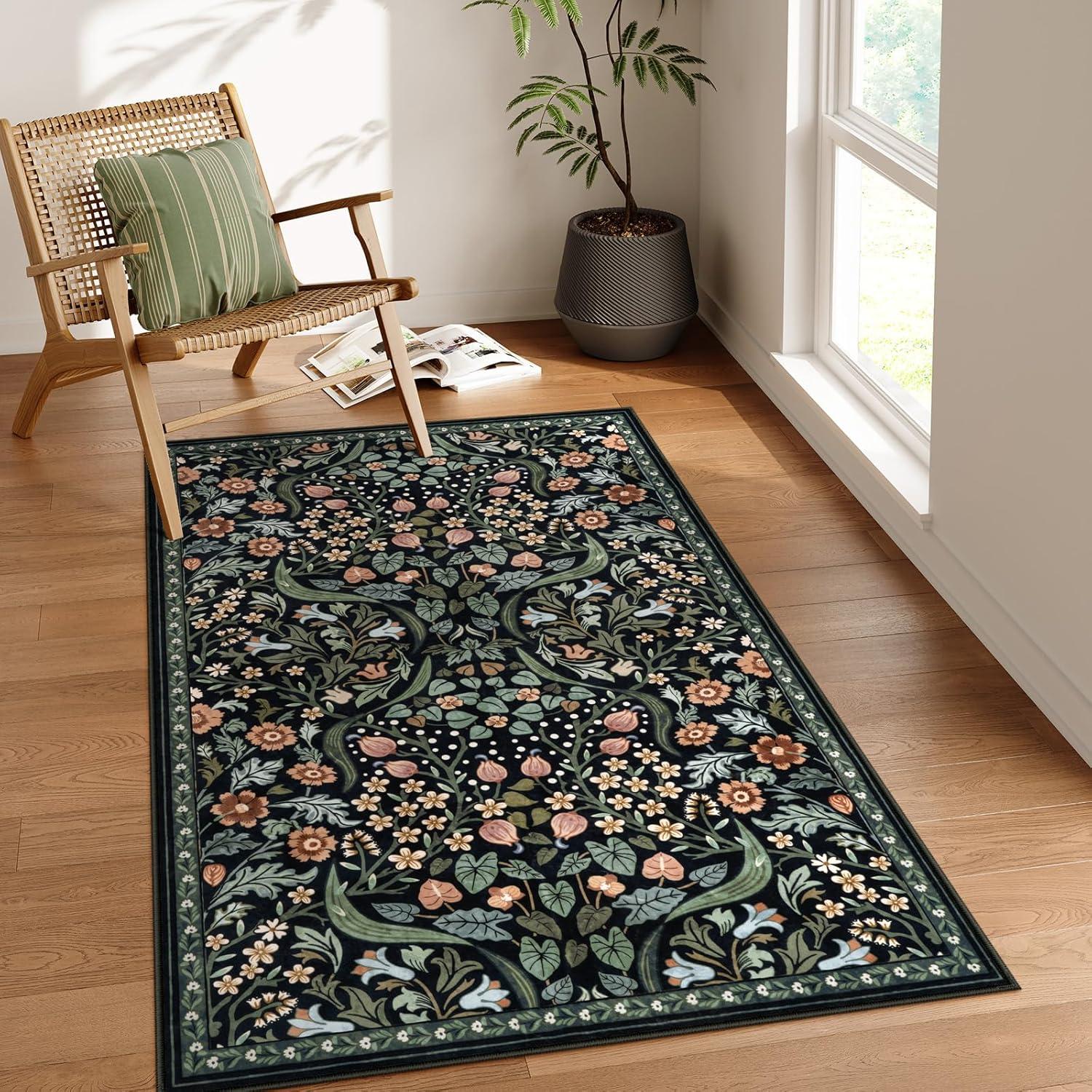 imageMoynesa Floral Washable 8x10 Rug Large Rugs for Living Room Green Soft 8 x 10 Boho Bedroom Rugs Non Slip Botanical Ultra Thin Floor Carpet for Dining Room Nursery GreenBlack