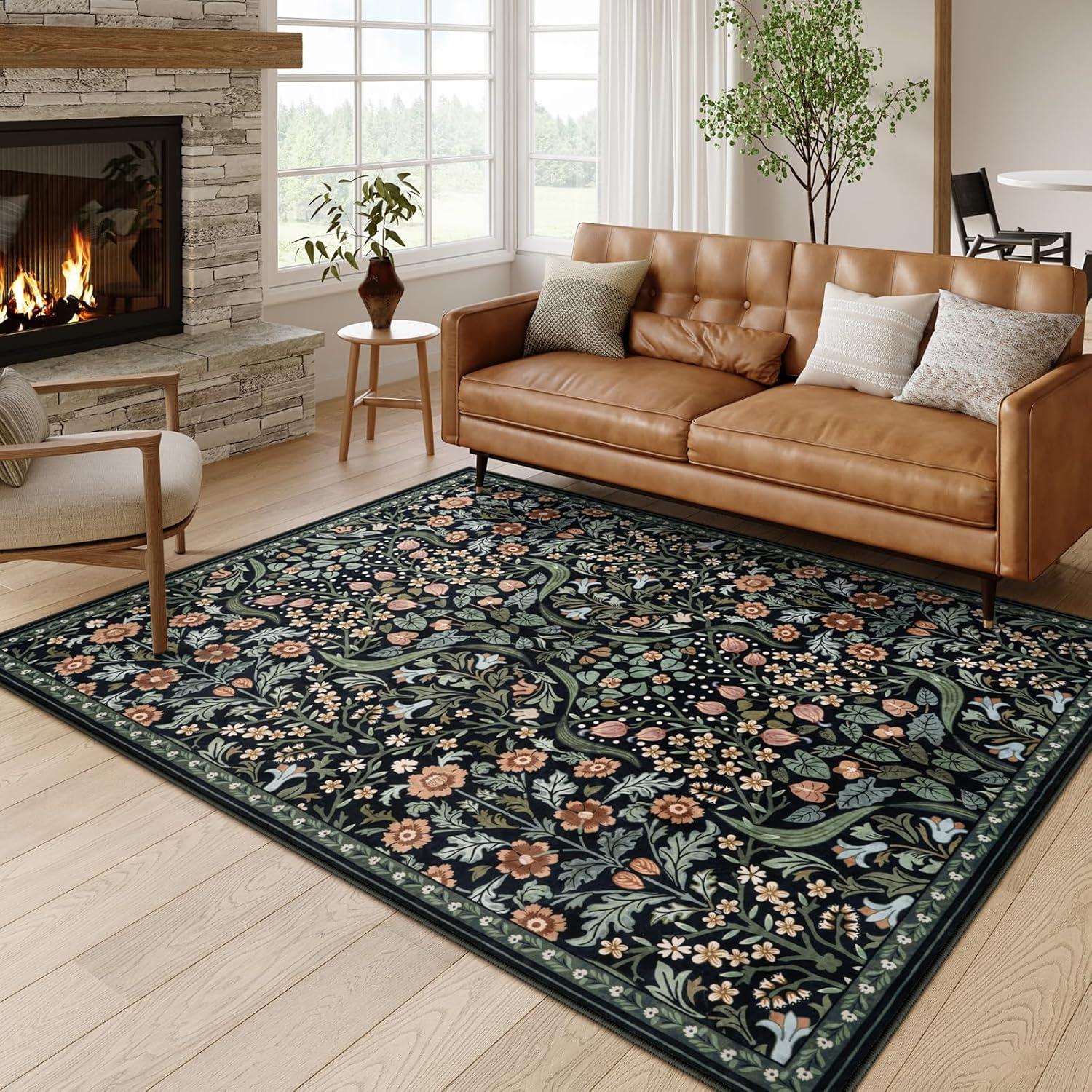 imageMoynesa Floral Washable 8x10 Rug Large Rugs for Living Room Green Soft 8 x 10 Boho Bedroom Rugs Non Slip Botanical Ultra Thin Floor Carpet for Dining Room Nursery GreenBlack