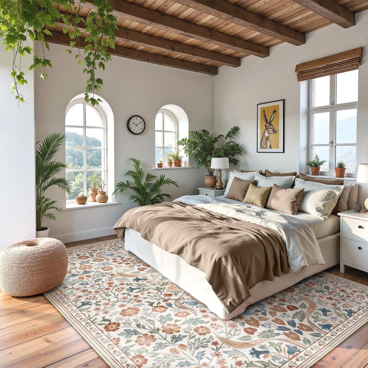 imageMoynesa Floral Washable 8x10 Rug Large Rugs for Living Room Green Soft 8 x 10 Boho Bedroom Rugs Non Slip Botanical Ultra Thin Floor Carpet for Dining Room Nursery GreenBeige