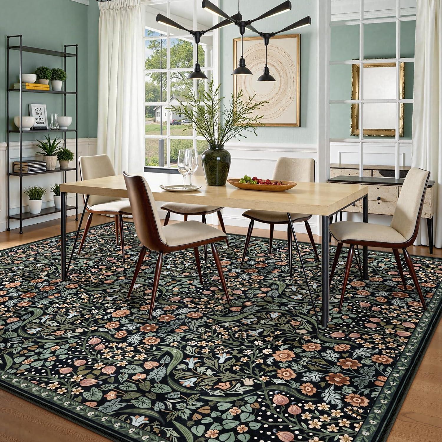 imageMoynesa Floral Washable 8x10 Rug Large Rugs for Living Room Green Soft 8 x 10 Boho Bedroom Rugs Non Slip Botanical Ultra Thin Floor Carpet for Dining Room Nursery GreenBlack