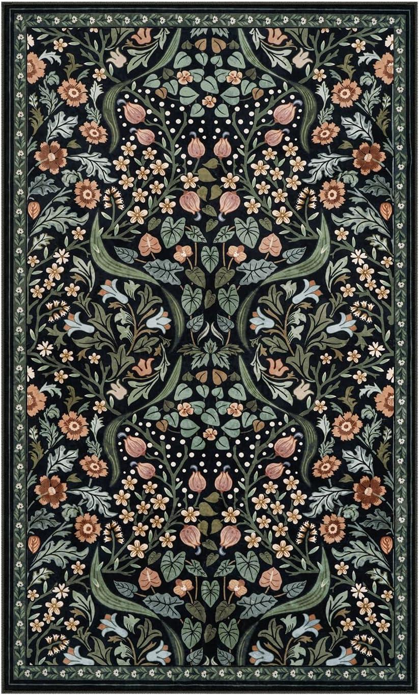 imageMoynesa Floral Washable 8x10 Rug Large Rugs for Living Room Green Soft 8 x 10 Boho Bedroom Rugs Non Slip Botanical Ultra Thin Floor Carpet for Dining Room Nursery GreenBlack