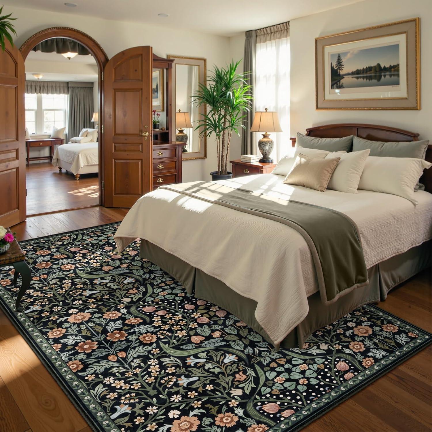 imageMoynesa Floral Washable 8x10 Rug Large Rugs for Living Room Green Soft 8 x 10 Boho Bedroom Rugs Non Slip Botanical Ultra Thin Floor Carpet for Dining Room Nursery GreenBlack