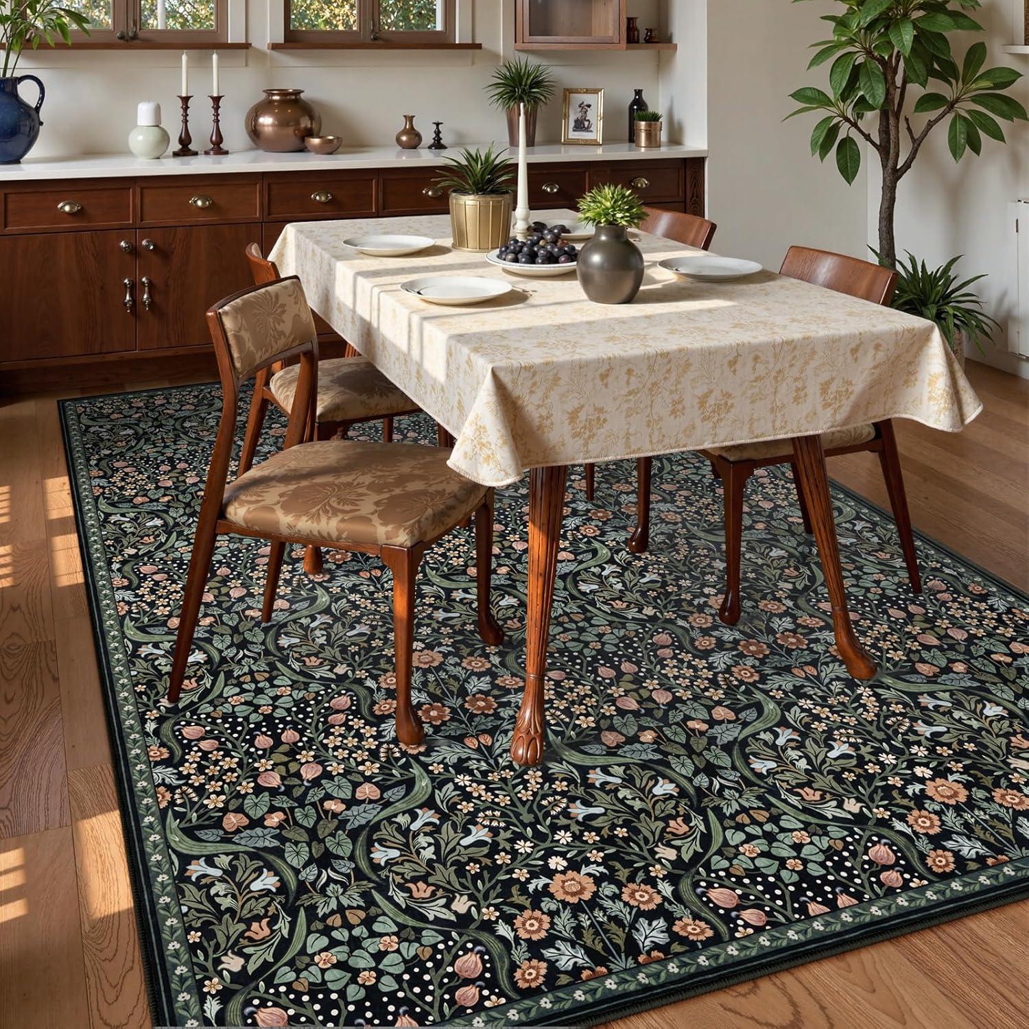 imageMoynesa Floral Washable 8x10 Rug Large Rugs for Living Room Green Soft 8 x 10 Boho Bedroom Rugs Non Slip Botanical Ultra Thin Floor Carpet for Dining Room Nursery GreenBlack