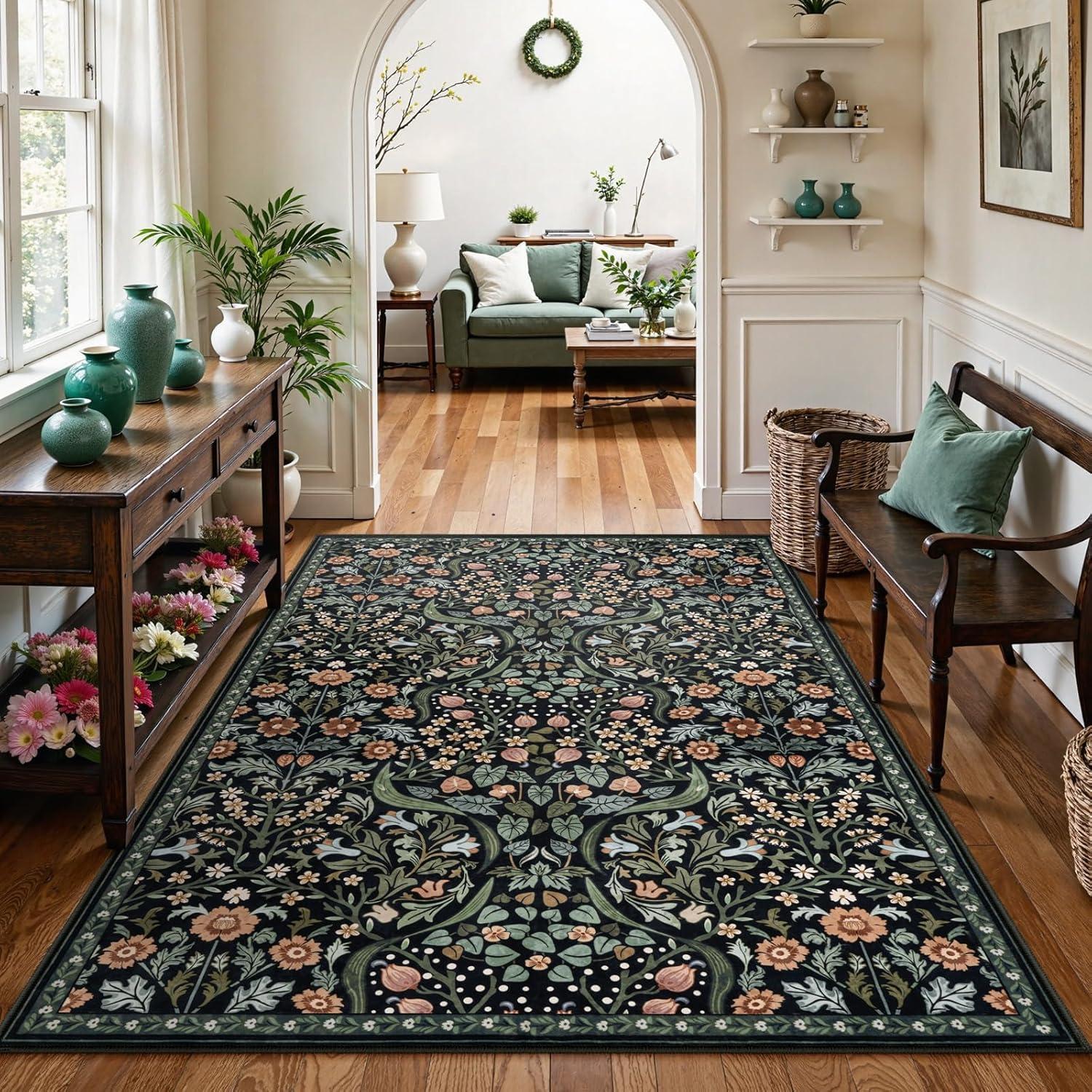 imageMoynesa Floral Washable 8x10 Rug Large Rugs for Living Room Green Soft 8 x 10 Boho Bedroom Rugs Non Slip Botanical Ultra Thin Floor Carpet for Dining Room Nursery GreenBlack
