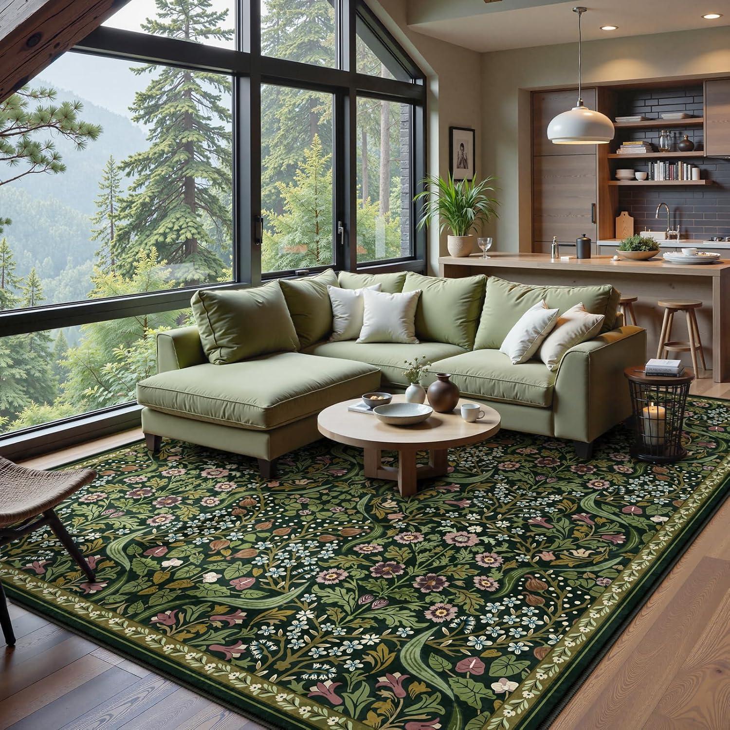 imageMoynesa Floral Washable 8x10 Rug Large Rugs for Living Room Green Soft 8 x 10 Boho Bedroom Rugs Non Slip Botanical Ultra Thin Floor Carpet for Dining Room Nursery GreenGreen