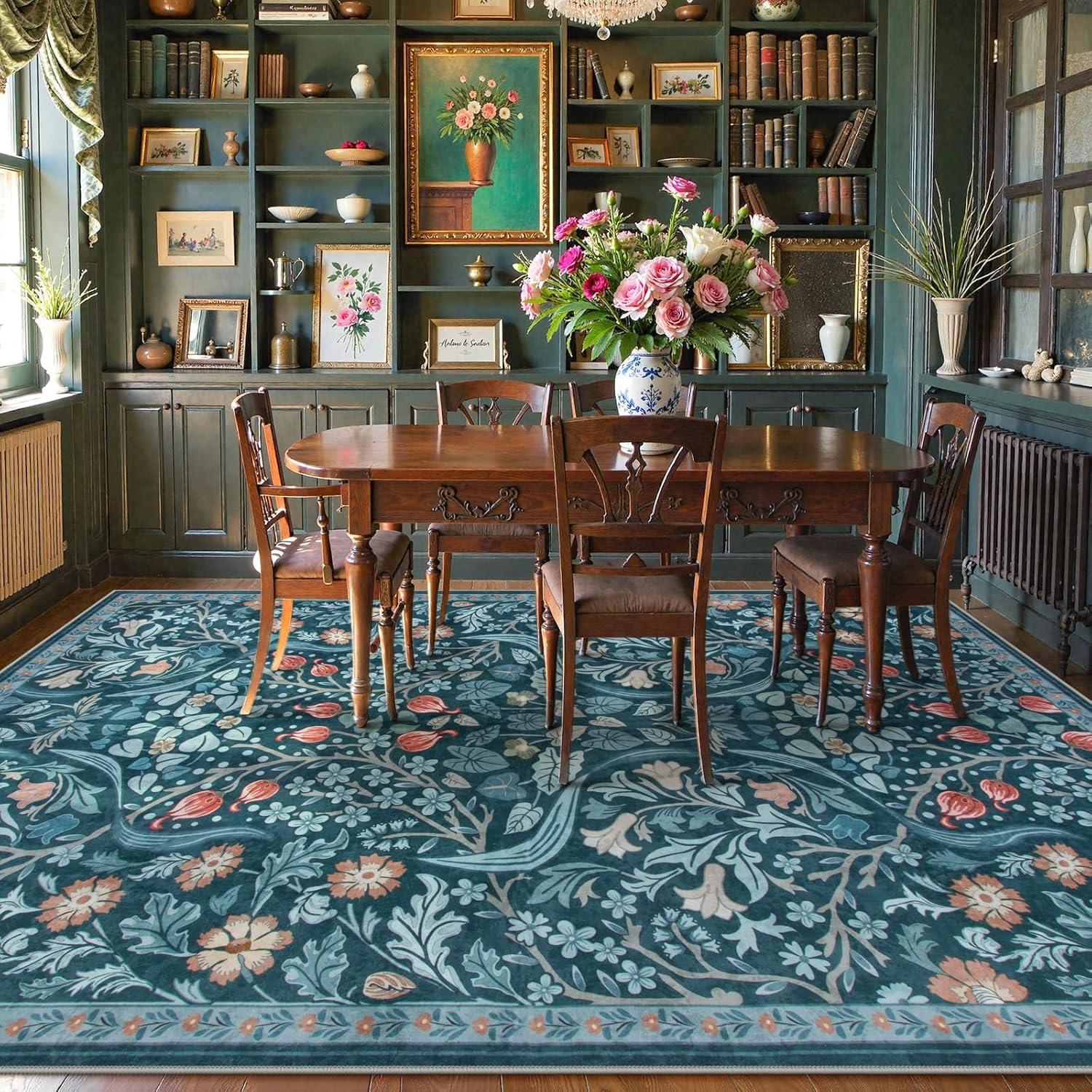imageMoynesa Floral Washable 8x10 Rug Large Rugs for Living Room Green Soft 8 x 10 Boho Bedroom Rugs Non Slip Botanical Ultra Thin Floor Carpet for Dining Room Nursery GreenTeal