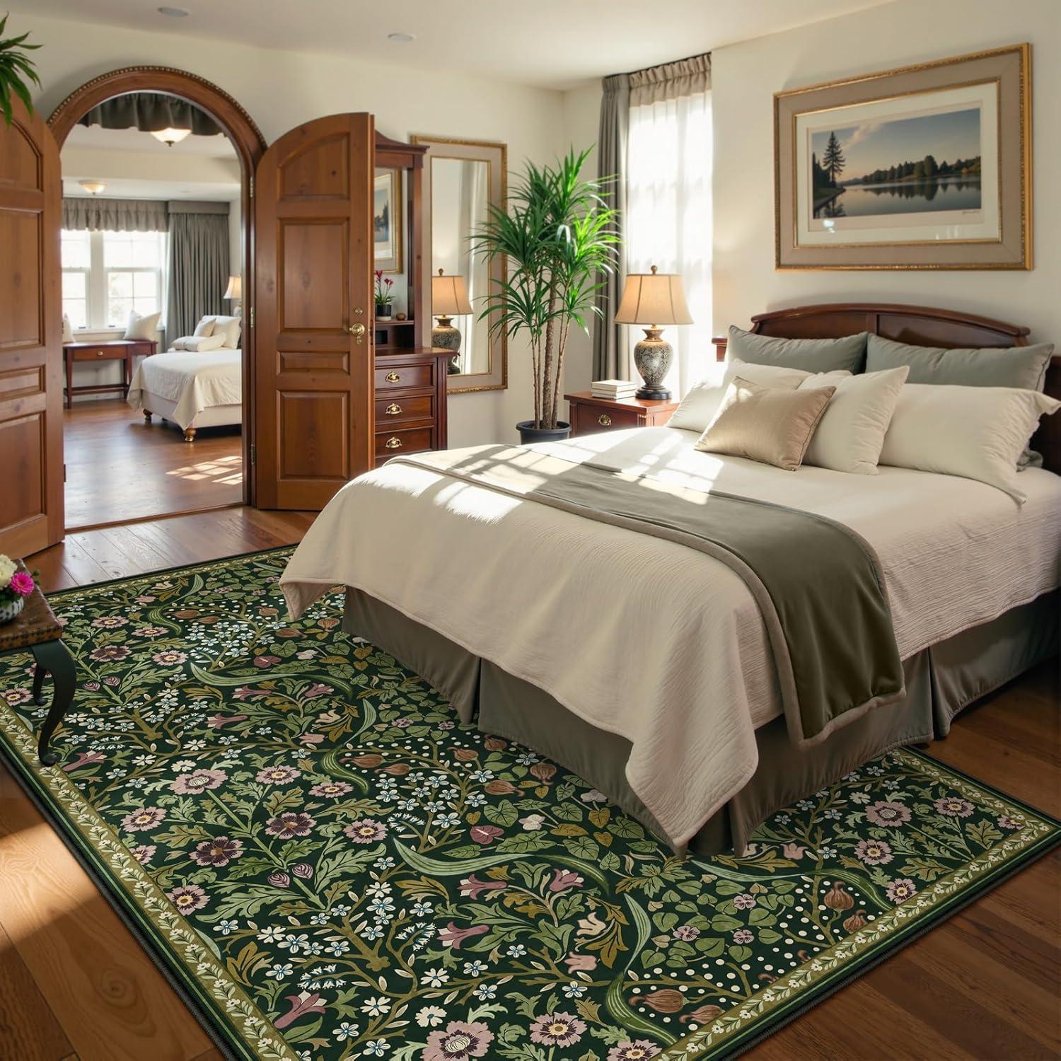 imageMoynesa Floral Washable 8x10 Rug Large Rugs for Living Room Green Soft 8 x 10 Boho Bedroom Rugs Non Slip Botanical Ultra Thin Floor Carpet for Dining Room Nursery GreenGreen