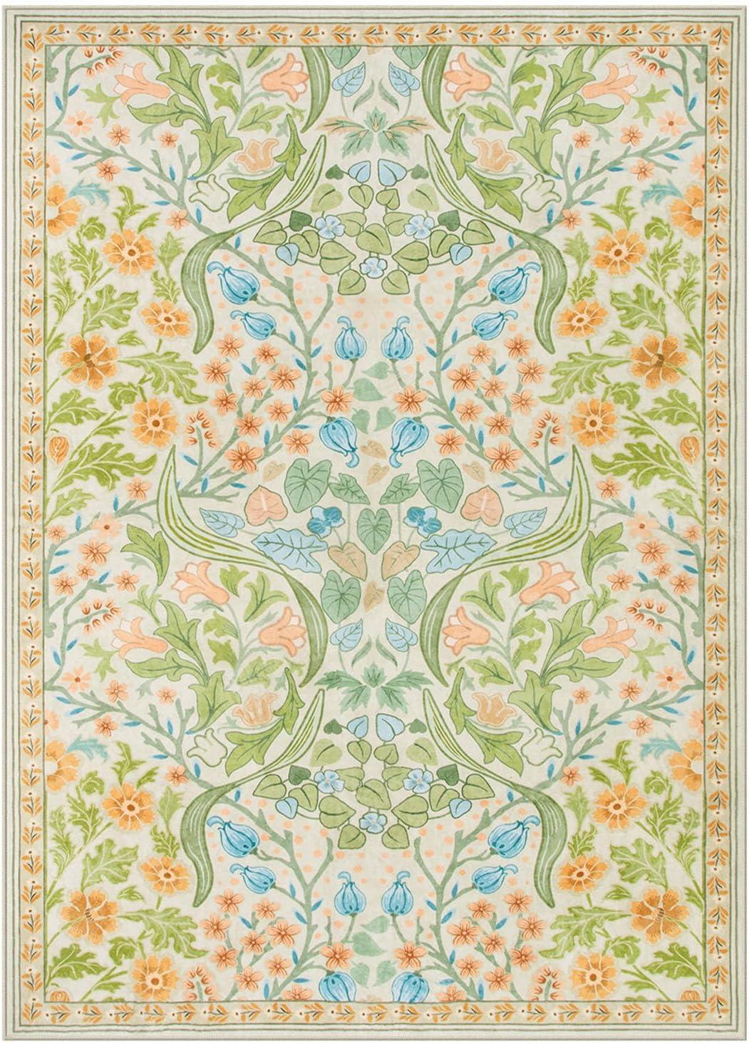 imageMoynesa Floral Washable 8x10 Rug Large Rugs for Living Room Green Soft 8 x 10 Boho Bedroom Rugs Non Slip Botanical Ultra Thin Floor Carpet for Dining Room Nursery GreenSpring