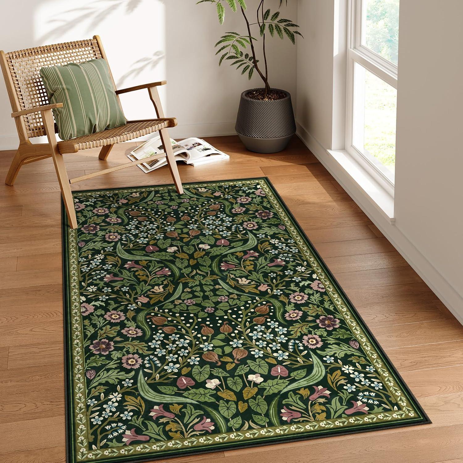 imageMoynesa Floral Washable 8x10 Rug Large Rugs for Living Room Green Soft 8 x 10 Boho Bedroom Rugs Non Slip Botanical Ultra Thin Floor Carpet for Dining Room Nursery GreenGreen