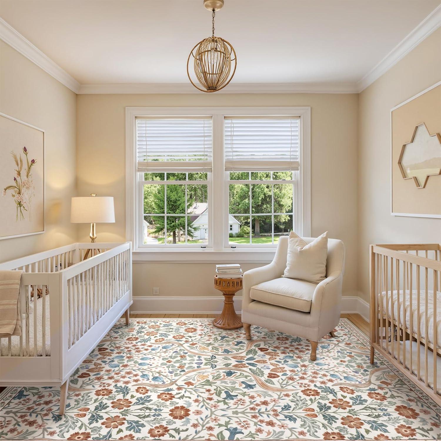 imageMoynesa Floral Washable 8x10 Rug Large Rugs for Living Room Green Soft 8 x 10 Boho Bedroom Rugs Non Slip Botanical Ultra Thin Floor Carpet for Dining Room Nursery GreenBeige