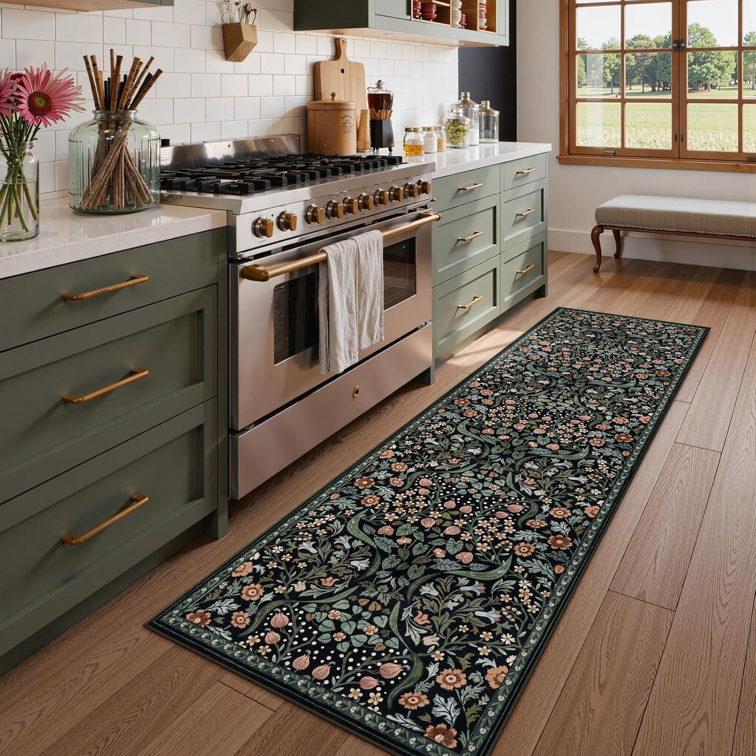 imageMoynesa Floral Washable 8x10 Rug Large Rugs for Living Room Green Soft 8 x 10 Boho Bedroom Rugs Non Slip Botanical Ultra Thin Floor Carpet for Dining Room Nursery GreenBlack