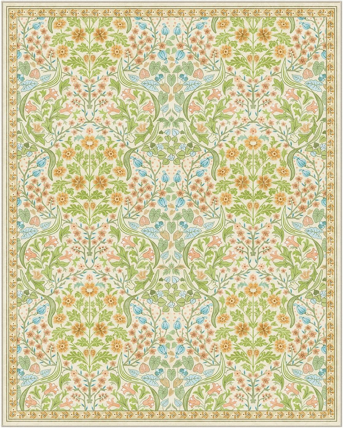 imageMoynesa Floral Washable 8x10 Rug Large Rugs for Living Room Green Soft 8 x 10 Boho Bedroom Rugs Non Slip Botanical Ultra Thin Floor Carpet for Dining Room Nursery GreenSpring
