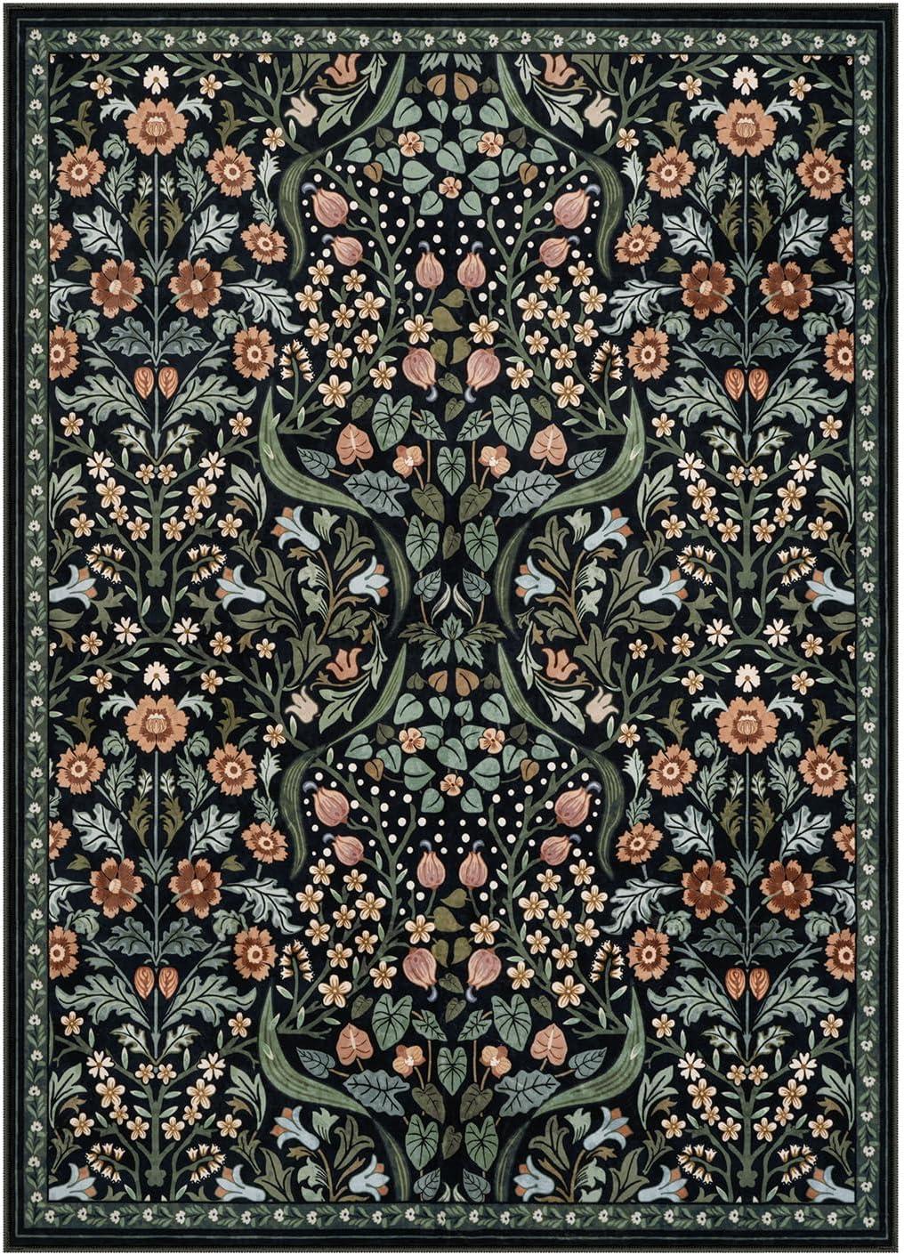 imageMoynesa Floral Washable 8x10 Rug Large Rugs for Living Room Green Soft 8 x 10 Boho Bedroom Rugs Non Slip Botanical Ultra Thin Floor Carpet for Dining Room Nursery GreenBlack
