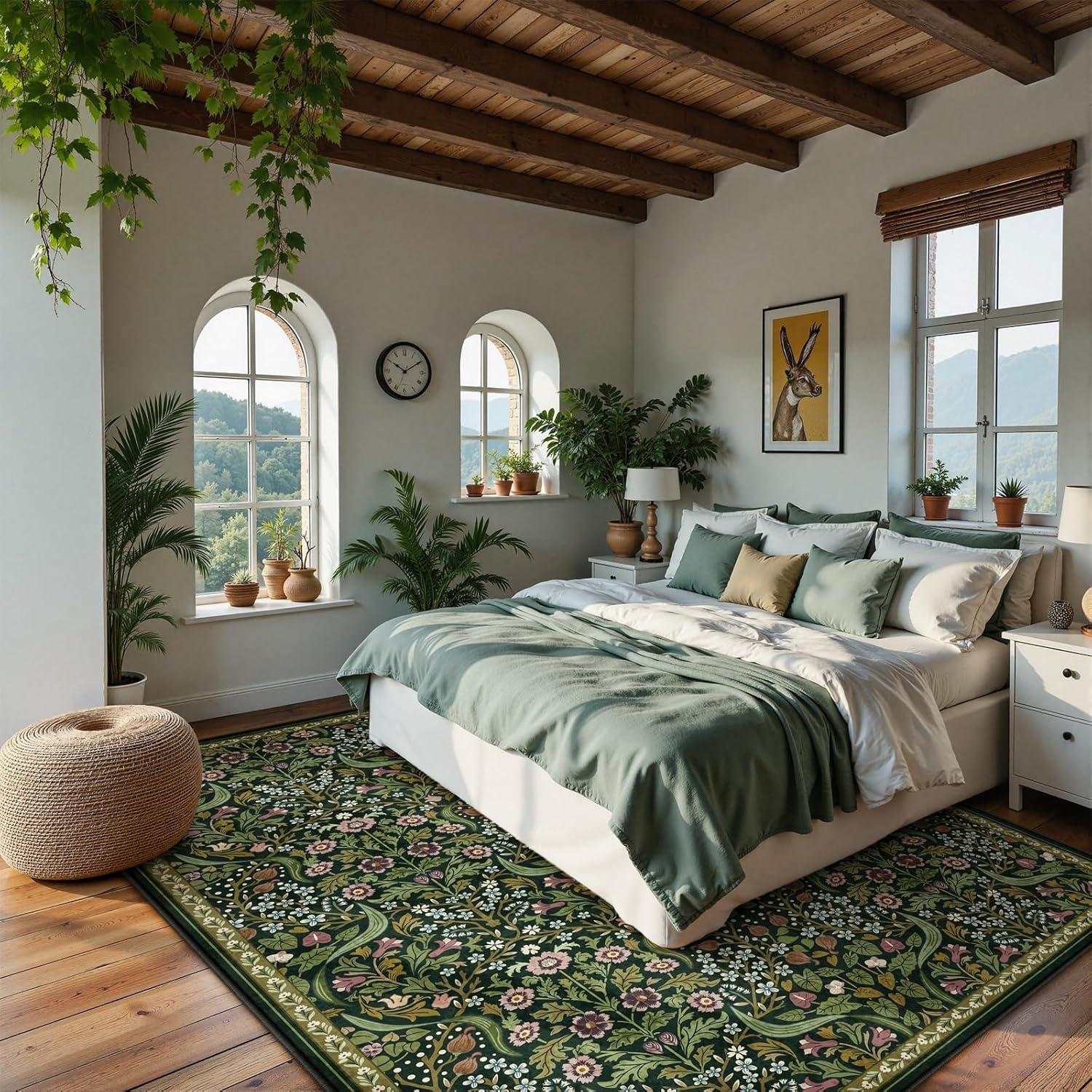 imageMoynesa Floral Washable 8x10 Rug Large Rugs for Living Room Green Soft 8 x 10 Boho Bedroom Rugs Non Slip Botanical Ultra Thin Floor Carpet for Dining Room Nursery GreenGreen