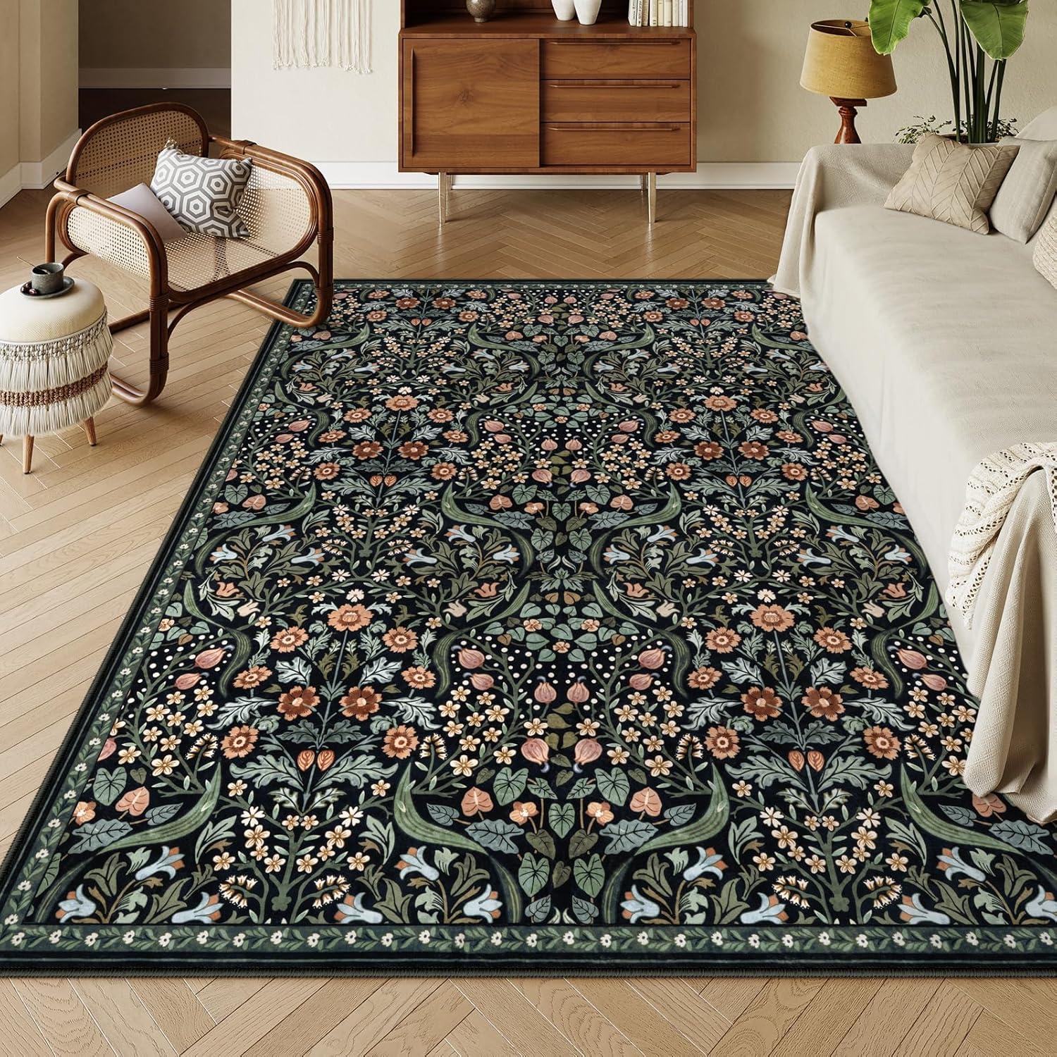 imageMoynesa Floral Washable 8x10 Rug Large Rugs for Living Room Green Soft 8 x 10 Boho Bedroom Rugs Non Slip Botanical Ultra Thin Floor Carpet for Dining Room Nursery GreenBlack