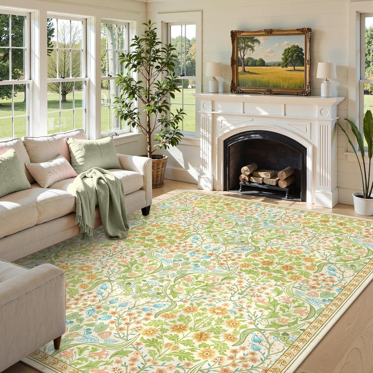 imageMoynesa Floral Washable 8x10 Rug Large Rugs for Living Room Green Soft 8 x 10 Boho Bedroom Rugs Non Slip Botanical Ultra Thin Floor Carpet for Dining Room Nursery GreenSpring
