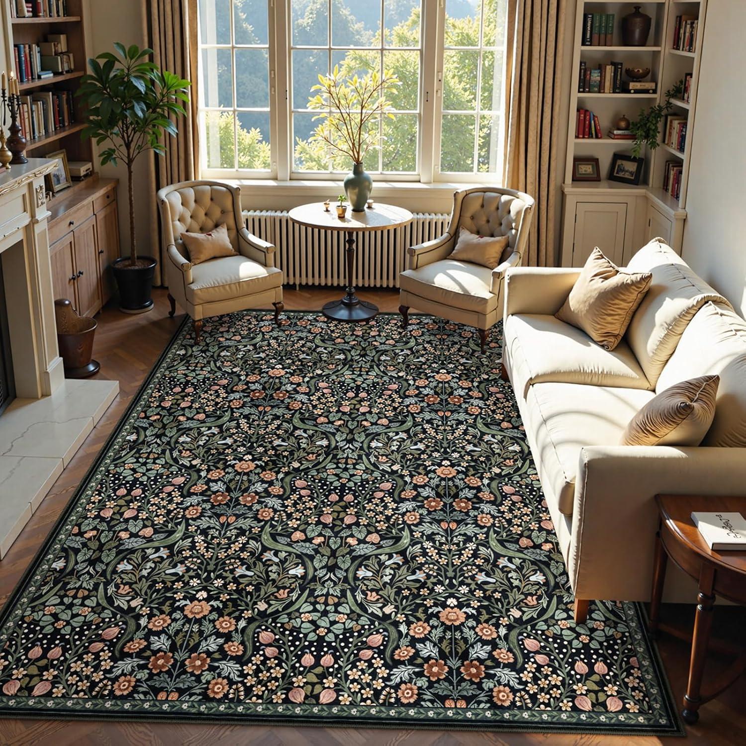 imageMoynesa Floral Washable 8x10 Rug Large Rugs for Living Room Green Soft 8 x 10 Boho Bedroom Rugs Non Slip Botanical Ultra Thin Floor Carpet for Dining Room Nursery GreenBlack