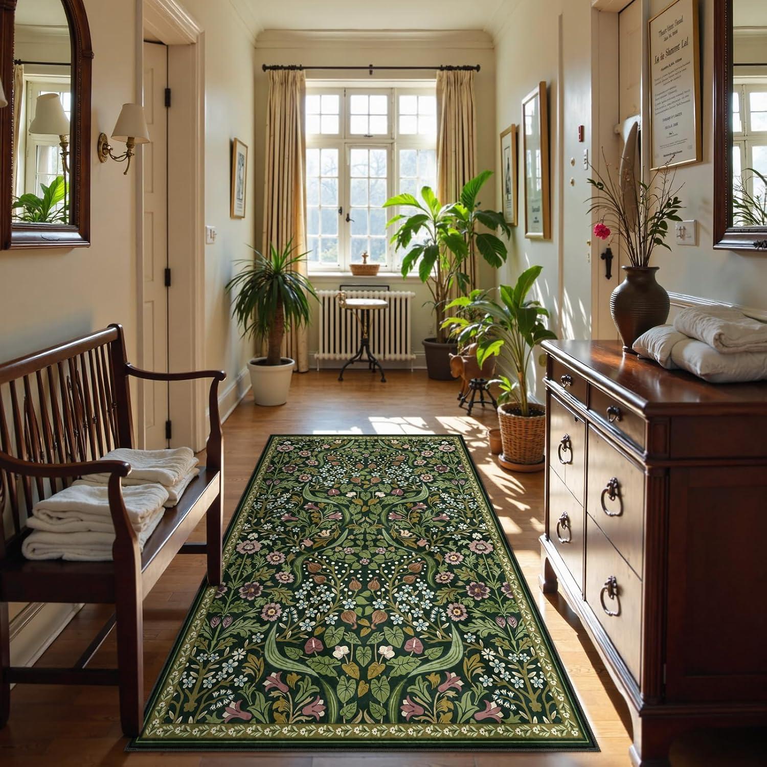 imageMoynesa Floral Washable 8x10 Rug Large Rugs for Living Room Green Soft 8 x 10 Boho Bedroom Rugs Non Slip Botanical Ultra Thin Floor Carpet for Dining Room Nursery GreenGreen