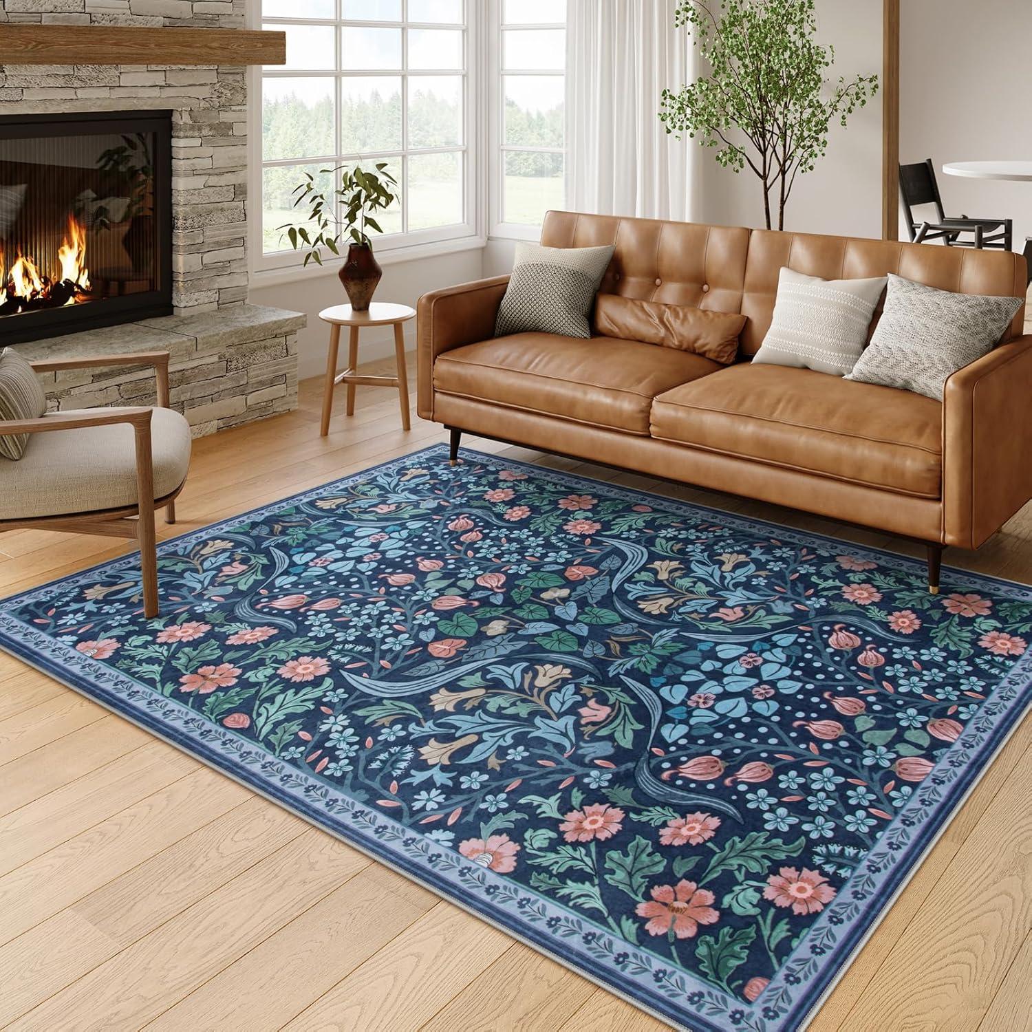 imageMoynesa Floral Washable 8x10 Rug Large Rugs for Living Room Green Soft 8 x 10 Boho Bedroom Rugs Non Slip Botanical Ultra Thin Floor Carpet for Dining Room Nursery GreenBlue